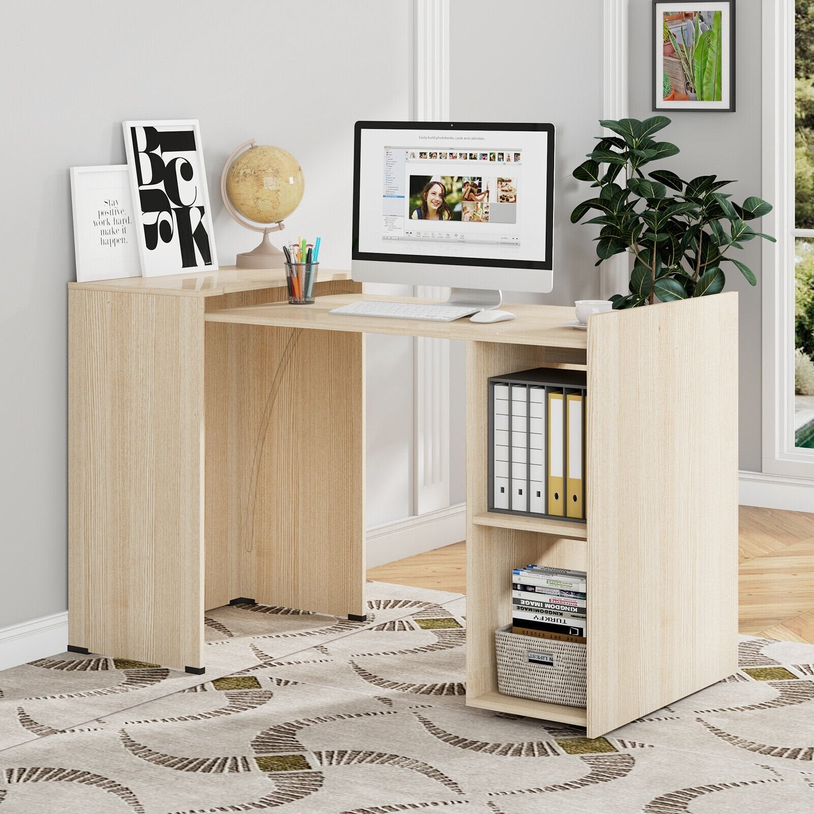 Extendable Computer Desk for Small Space with Mobile Shelves, Natural - Gallery Canada