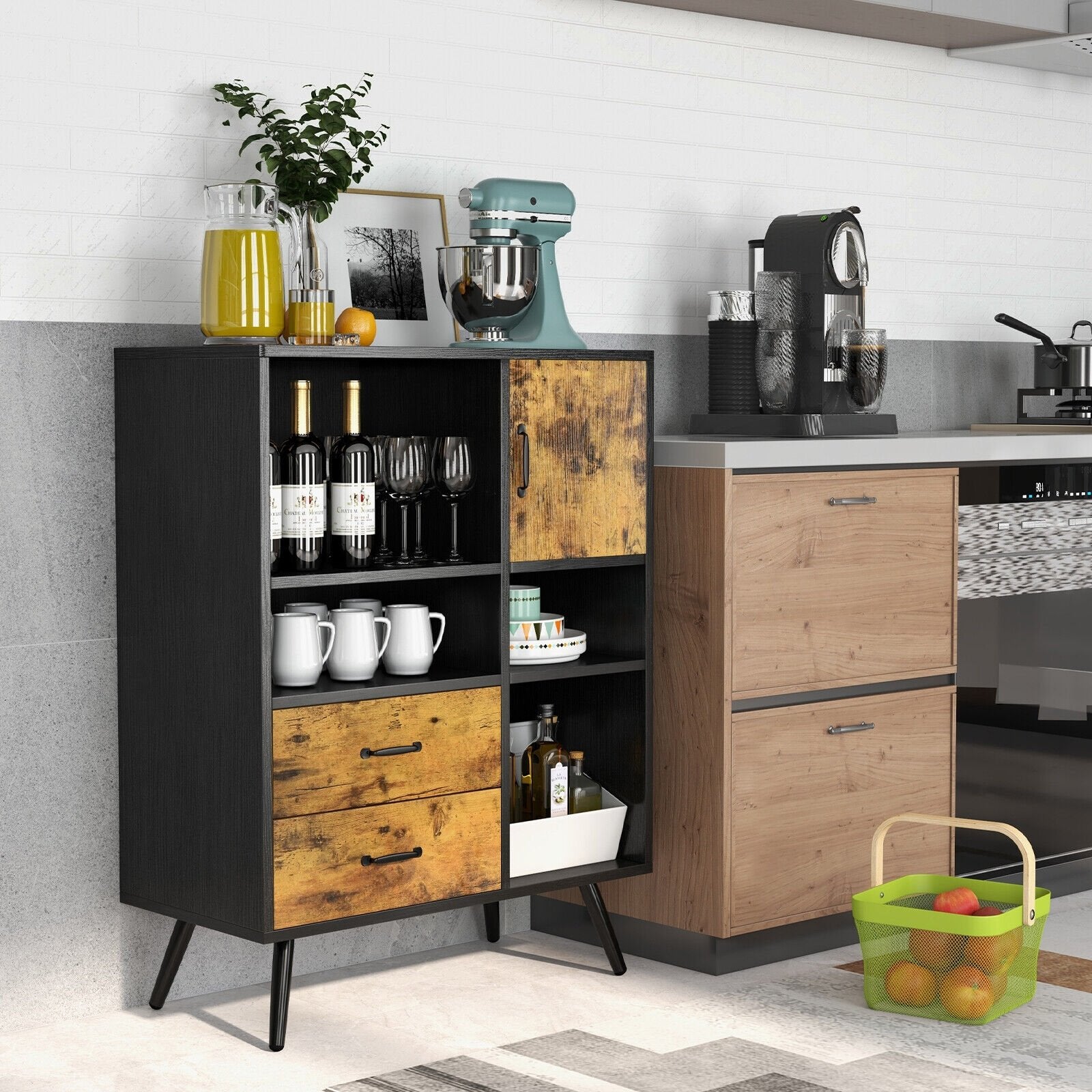 Industrial Buffet Sideboard Kitchen Cupboard with Cubbies Drawers, Rustic Brown Sideboards Cabinets & Buffets   at Gallery Canada