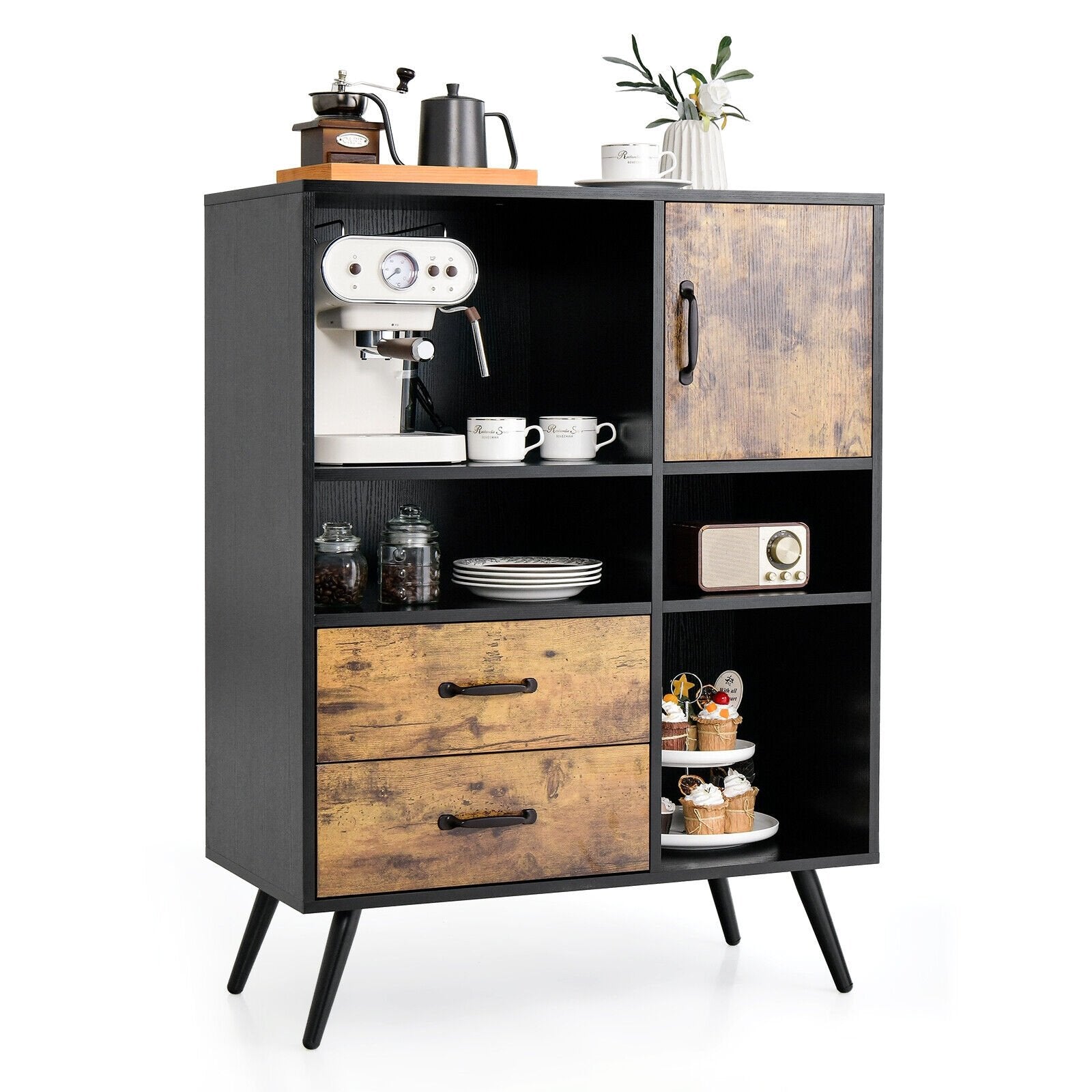 Industrial Buffet Sideboard Kitchen Cupboard with Cubbies Drawers, Rustic Brown Sideboards Cabinets & Buffets   at Gallery Canada