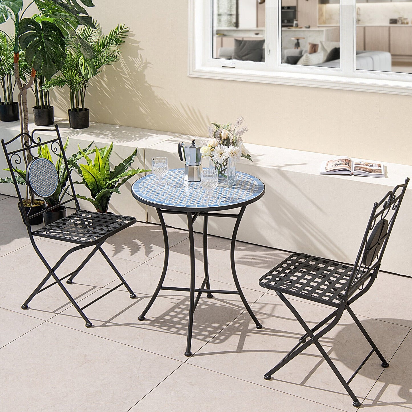 3 Pieces Patio Bistro Set Outdoor Furniture Mosaic Table Chairs, Black Patio Conversation Sets   at Gallery Canada