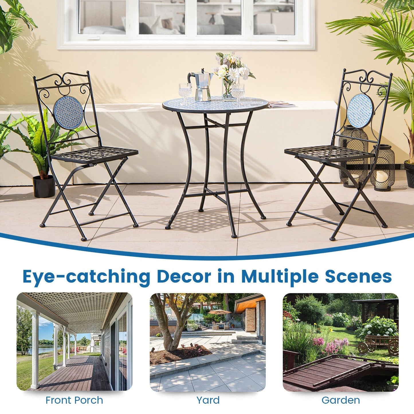 3 Pieces Patio Bistro Set Outdoor Furniture Mosaic Table Chairs, Black Patio Conversation Sets   at Gallery Canada