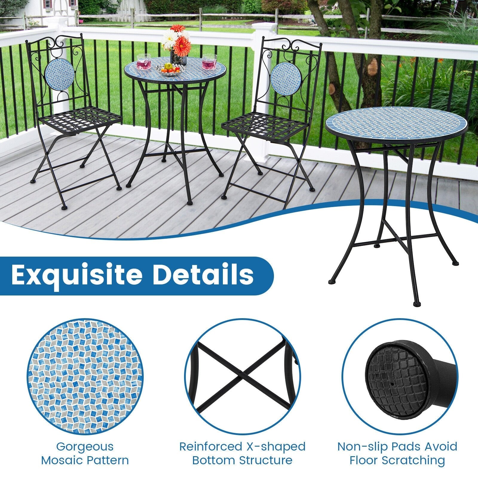 3 Pieces Patio Bistro Set Outdoor Furniture Mosaic Table Chairs, Black Patio Conversation Sets   at Gallery Canada