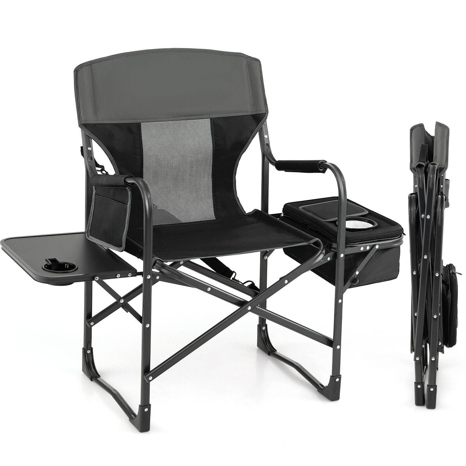 Folding Camping Directors Chair with Cooler Bag and Side Table, Black Camping Furniture Black at Gallery Canada