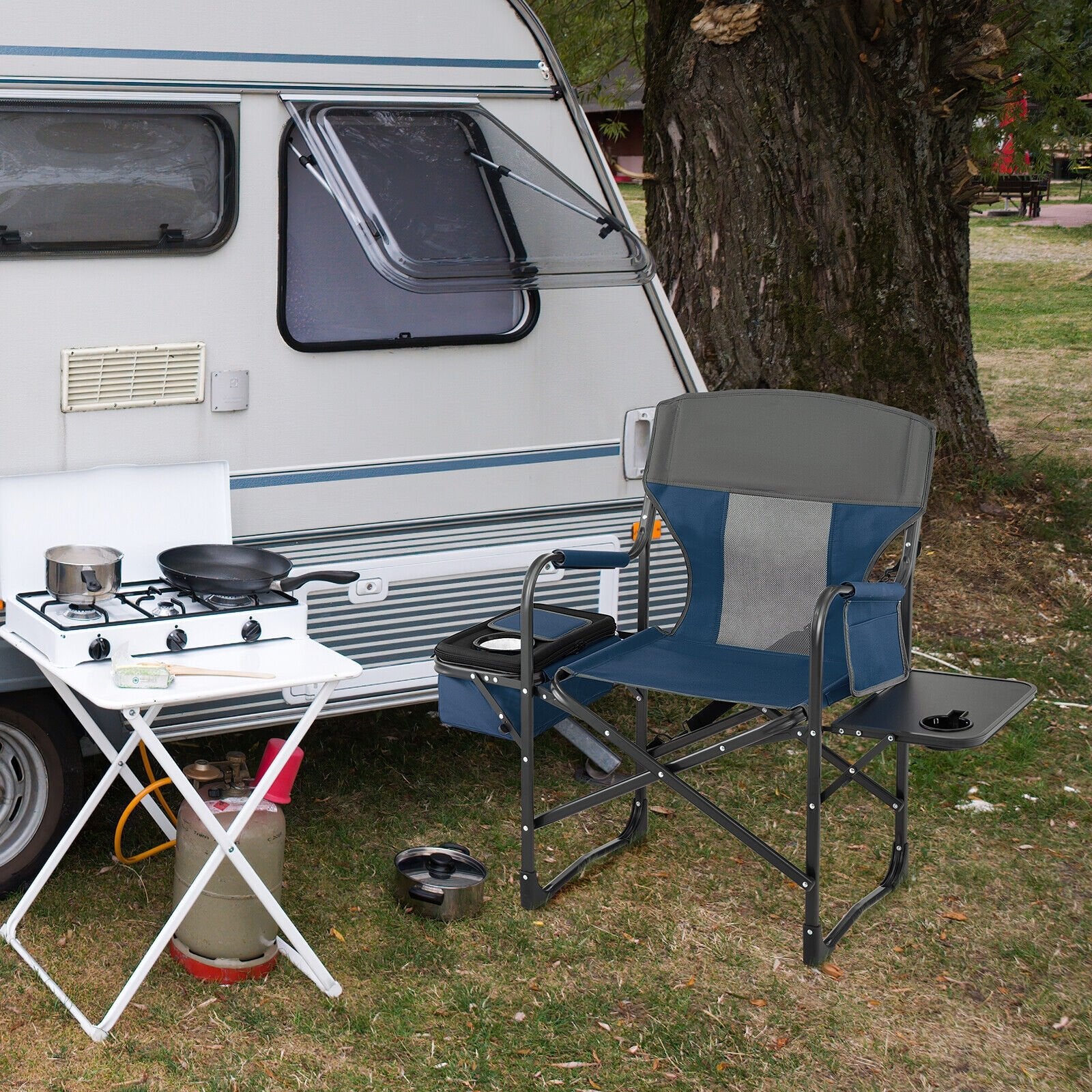 Folding Camping Directors Chair with Cooler Bag and Side Table, Blue Camping Furniture   at Gallery Canada