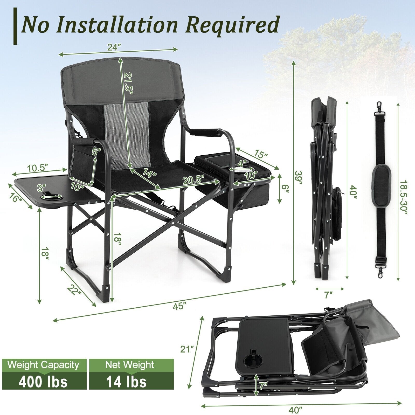 Folding Camping Directors Chair with Cooler Bag and Side Table, Black Camping Furniture   at Gallery Canada