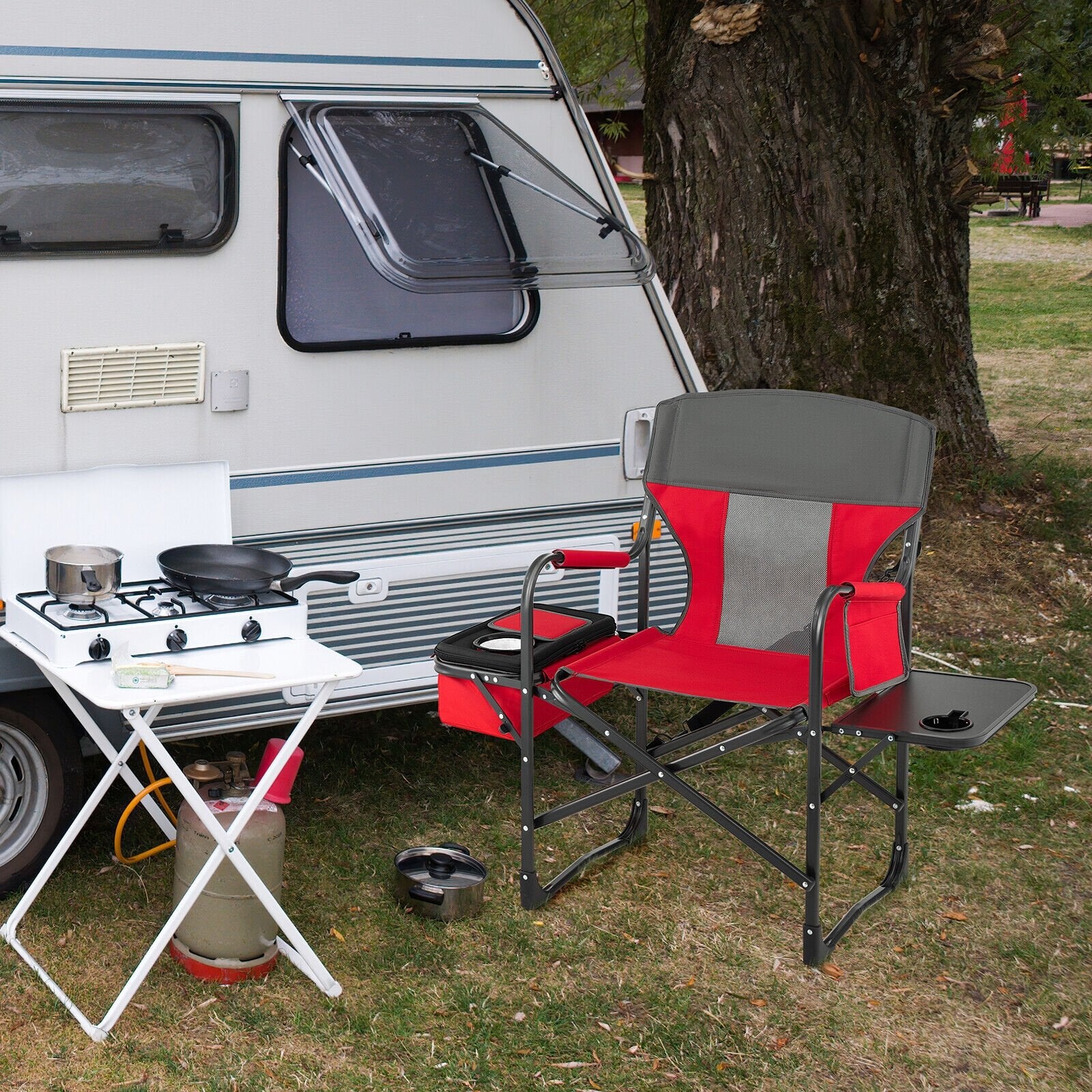 Folding Camping Directors Chair with Cooler Bag and Side Table, Red Camping Furniture   at Gallery Canada