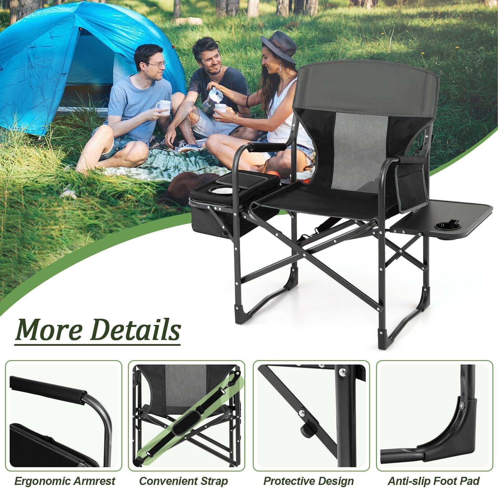 Folding Camping Directors Chair with Cooler Bag and Side Table, Black Camping Furniture   at Gallery Canada