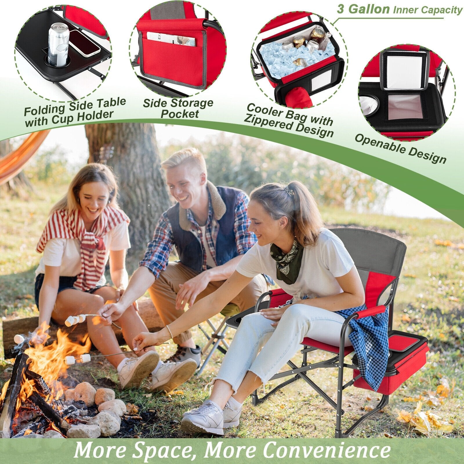 Folding Camping Directors Chair with Cooler Bag and Side Table, Red Camping Furniture   at Gallery Canada