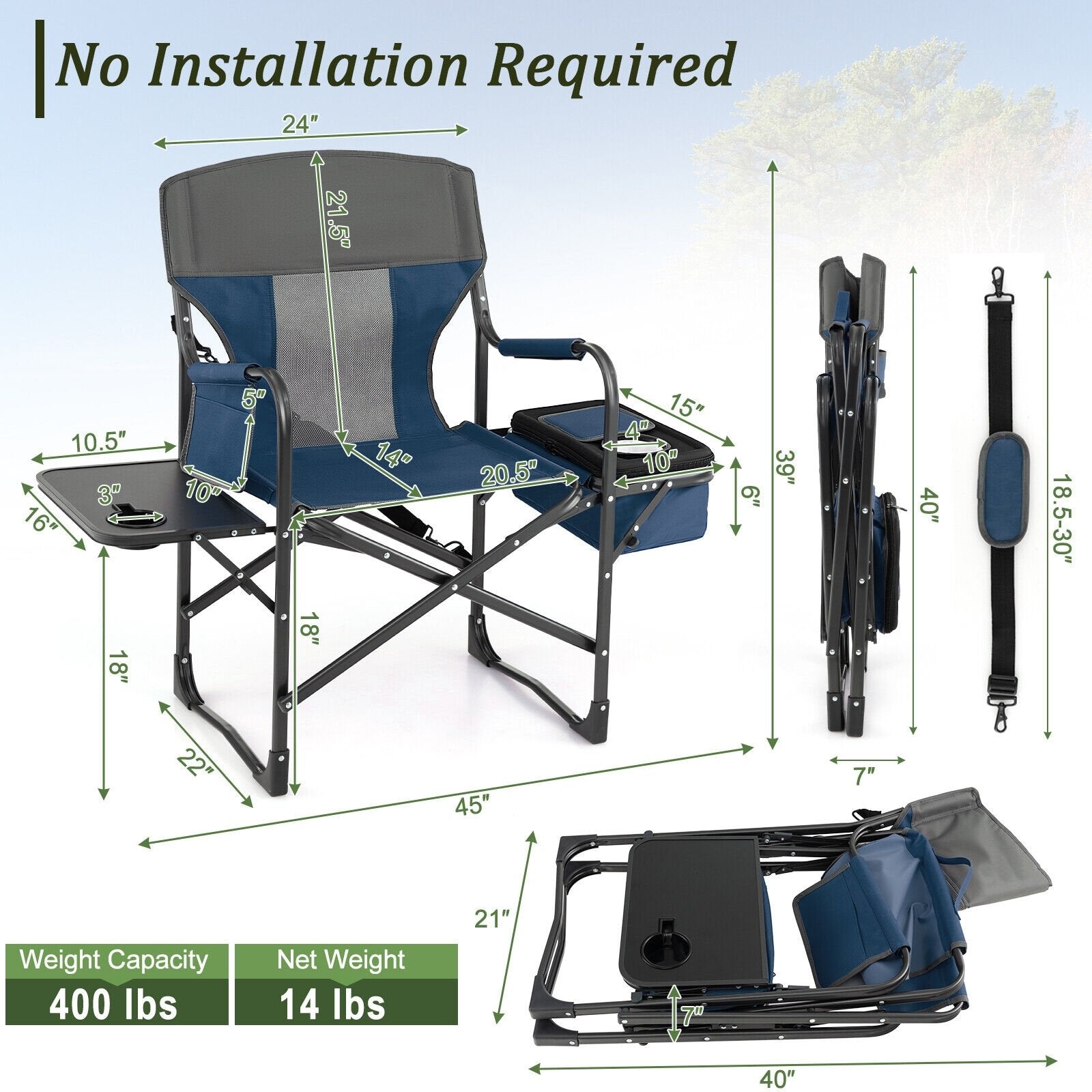 Folding Camping Directors Chair with Cooler Bag and Side Table, Blue Camping Furniture   at Gallery Canada