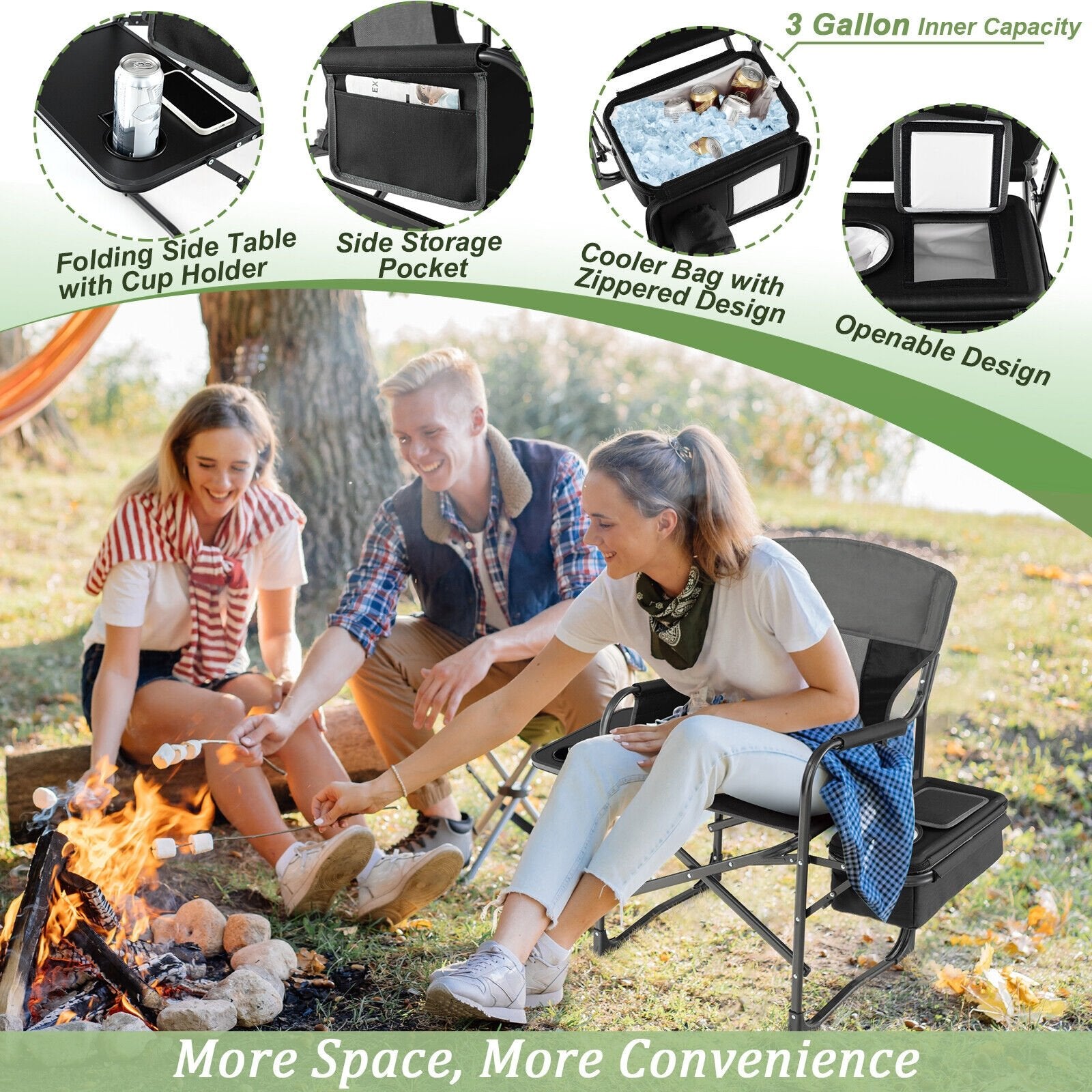 Folding Camping Directors Chair with Cooler Bag and Side Table, Black Camping Furniture   at Gallery Canada