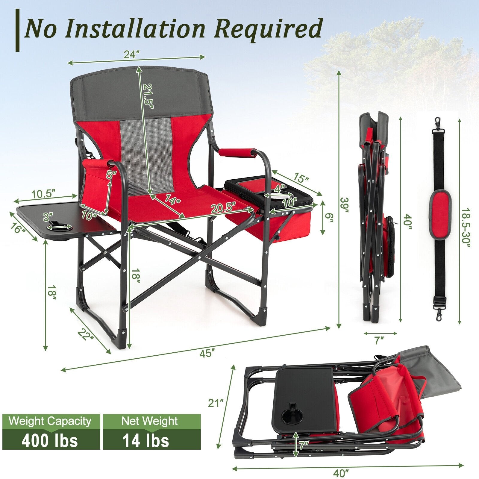 Folding Camping Directors Chair with Cooler Bag and Side Table, Red Camping Furniture   at Gallery Canada