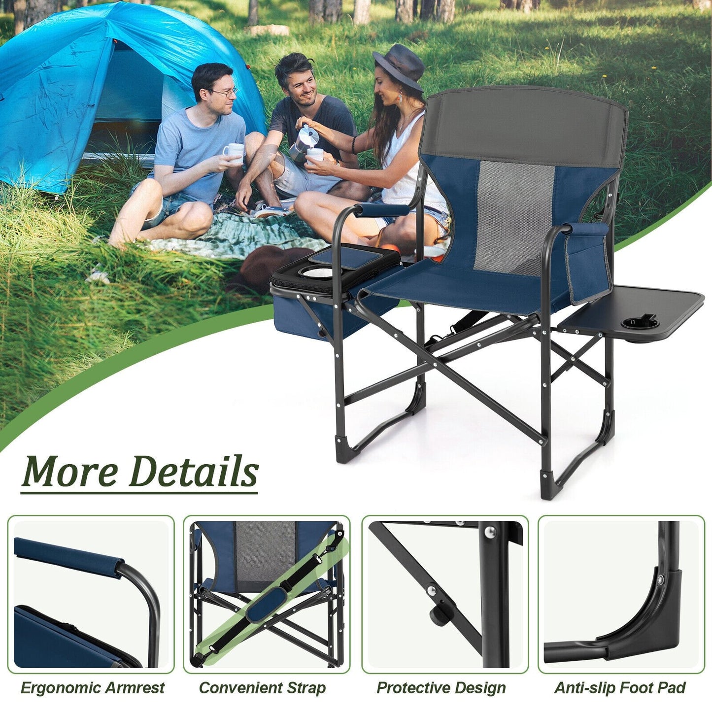 Folding Camping Directors Chair with Cooler Bag and Side Table, Blue Camping Furniture   at Gallery Canada