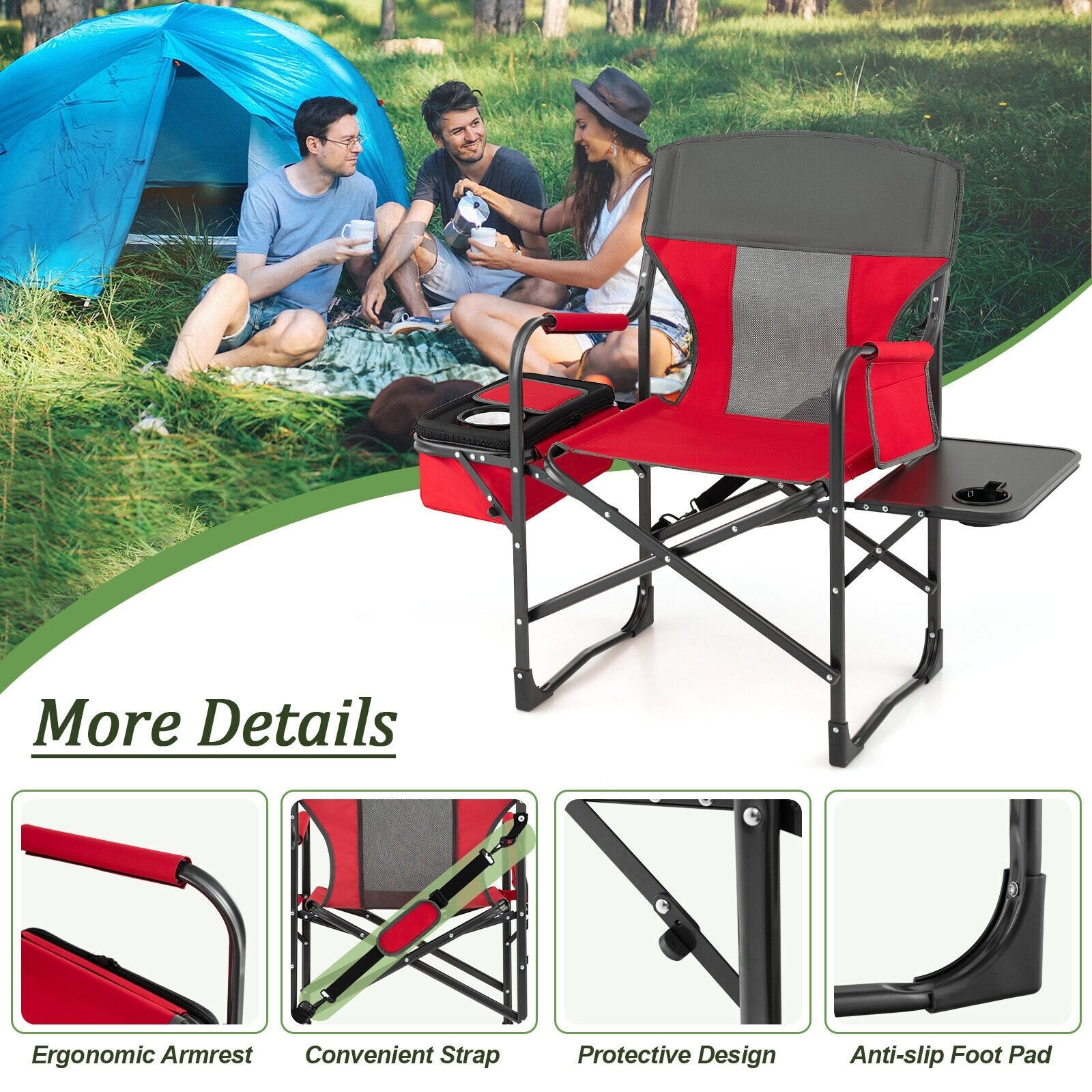 Folding Camping Directors Chair with Cooler Bag and Side Table, Red Camping Furniture   at Gallery Canada