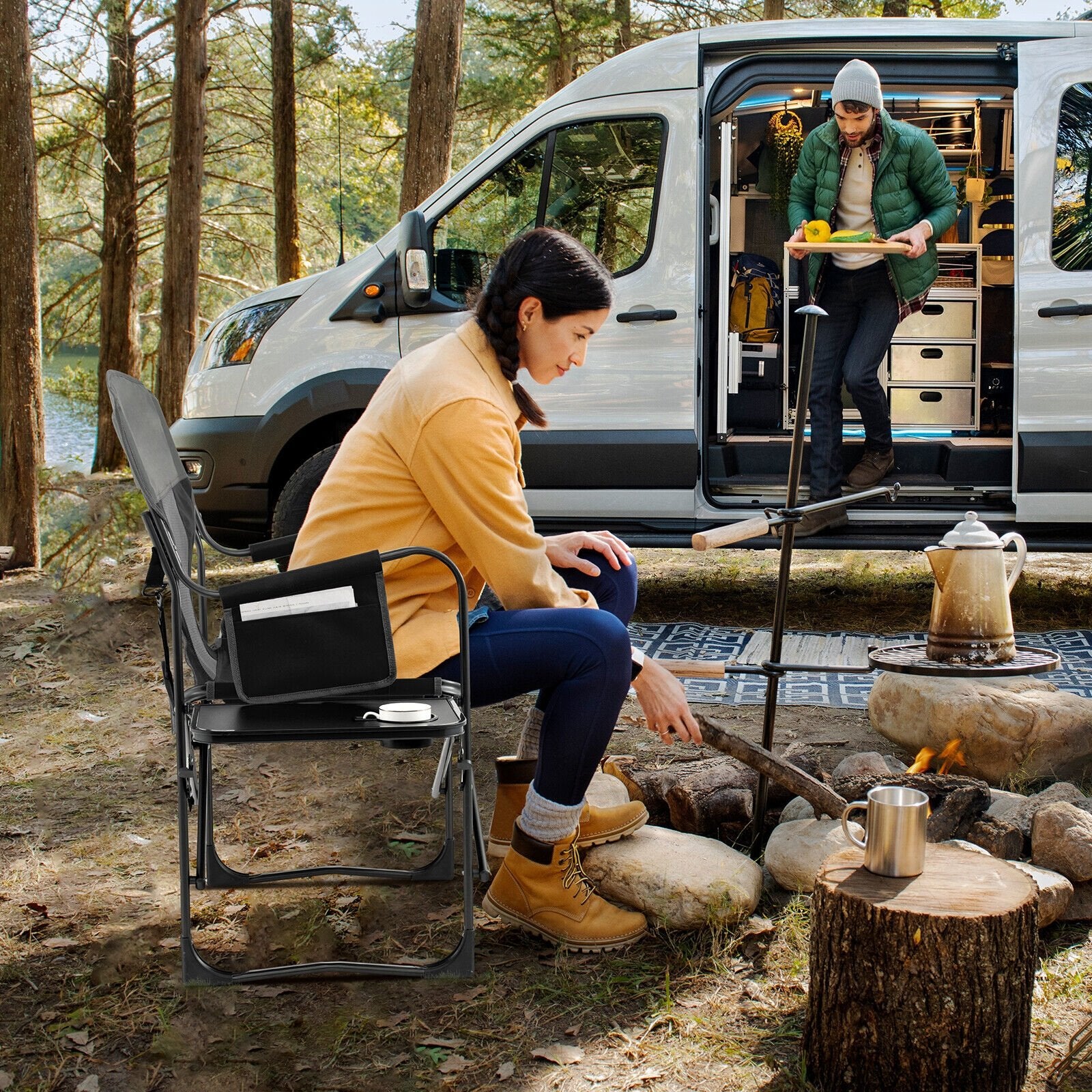 Folding Camping Directors Chair with Cooler Bag and Side Table, Black Camping Furniture   at Gallery Canada