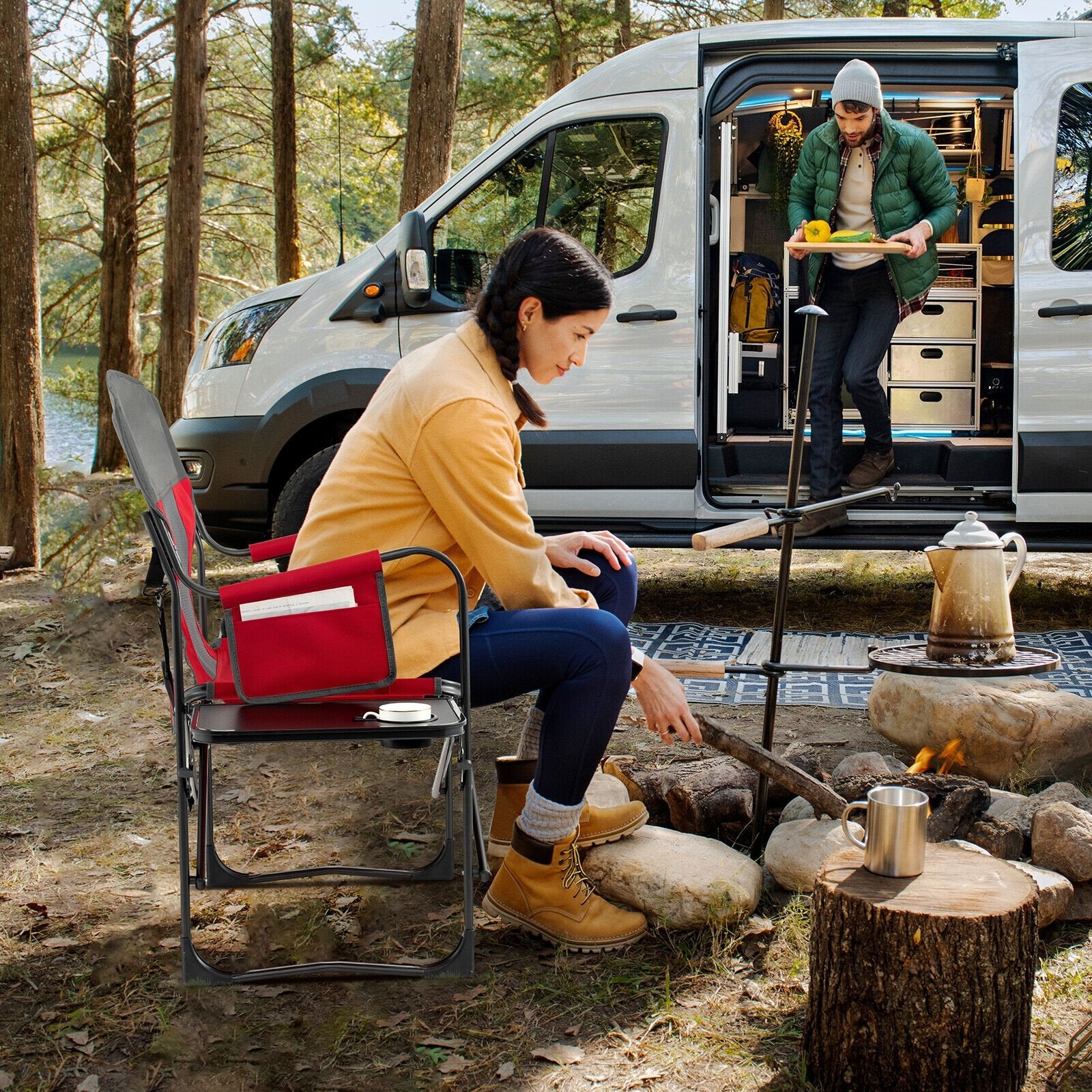 Folding Camping Directors Chair with Cooler Bag and Side Table, Red Camping Furniture   at Gallery Canada