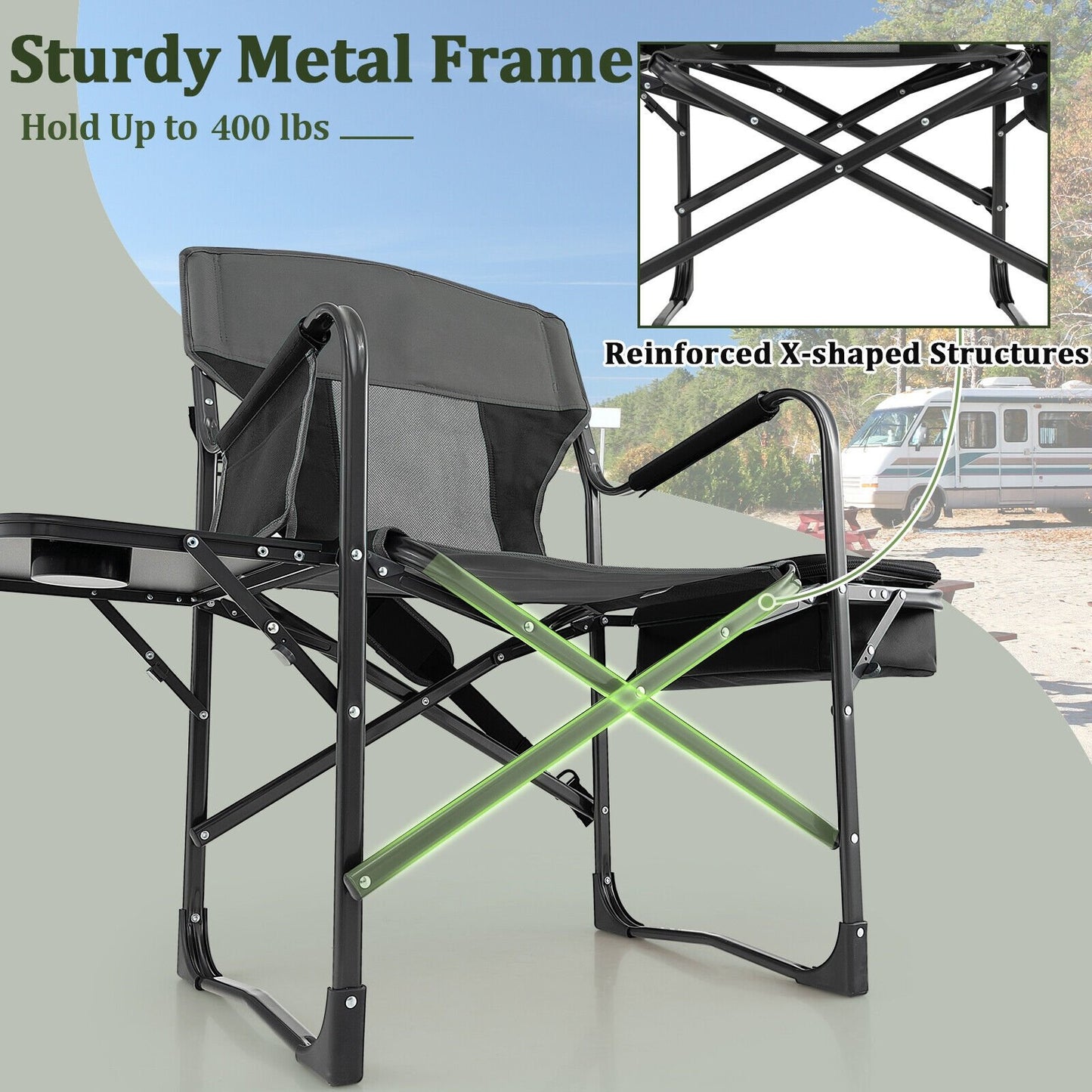 Folding Camping Directors Chair with Cooler Bag and Side Table, Black Camping Furniture   at Gallery Canada