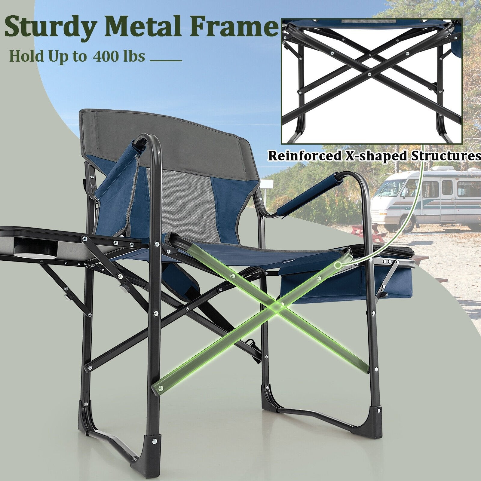 Folding Camping Directors Chair with Cooler Bag and Side Table, Blue Camping Furniture   at Gallery Canada