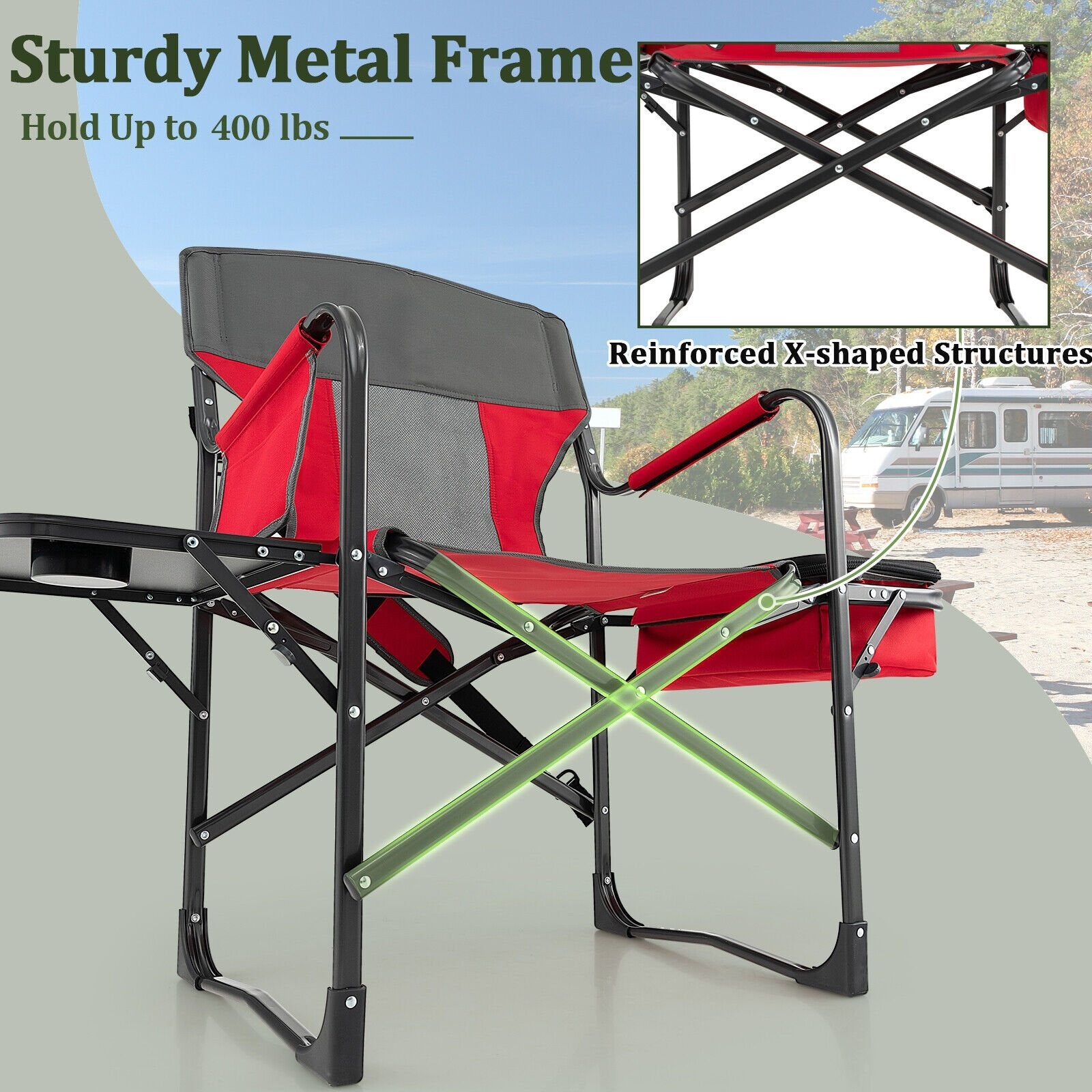 Folding Camping Directors Chair with Cooler Bag and Side Table, Red Camping Furniture   at Gallery Canada