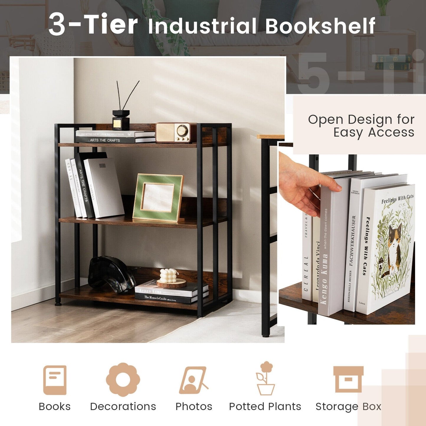 3/5-Tier Industrial Bookshelf Storage Shelf Display Rack with Adjustable Shelves-3-Tier, Brown Bookcases   at Gallery Canada