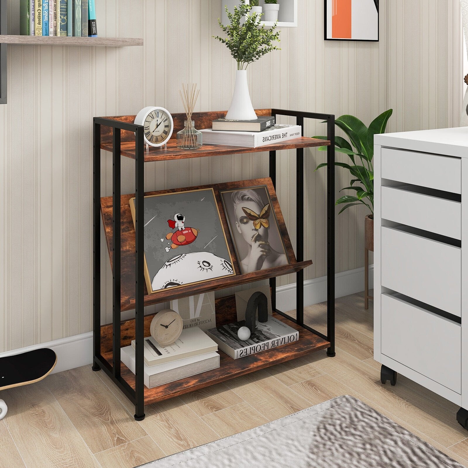 3/5-Tier Industrial Bookshelf Storage Shelf Display Rack with Adjustable Shelves-3-Tier, Brown Bookcases   at Gallery Canada