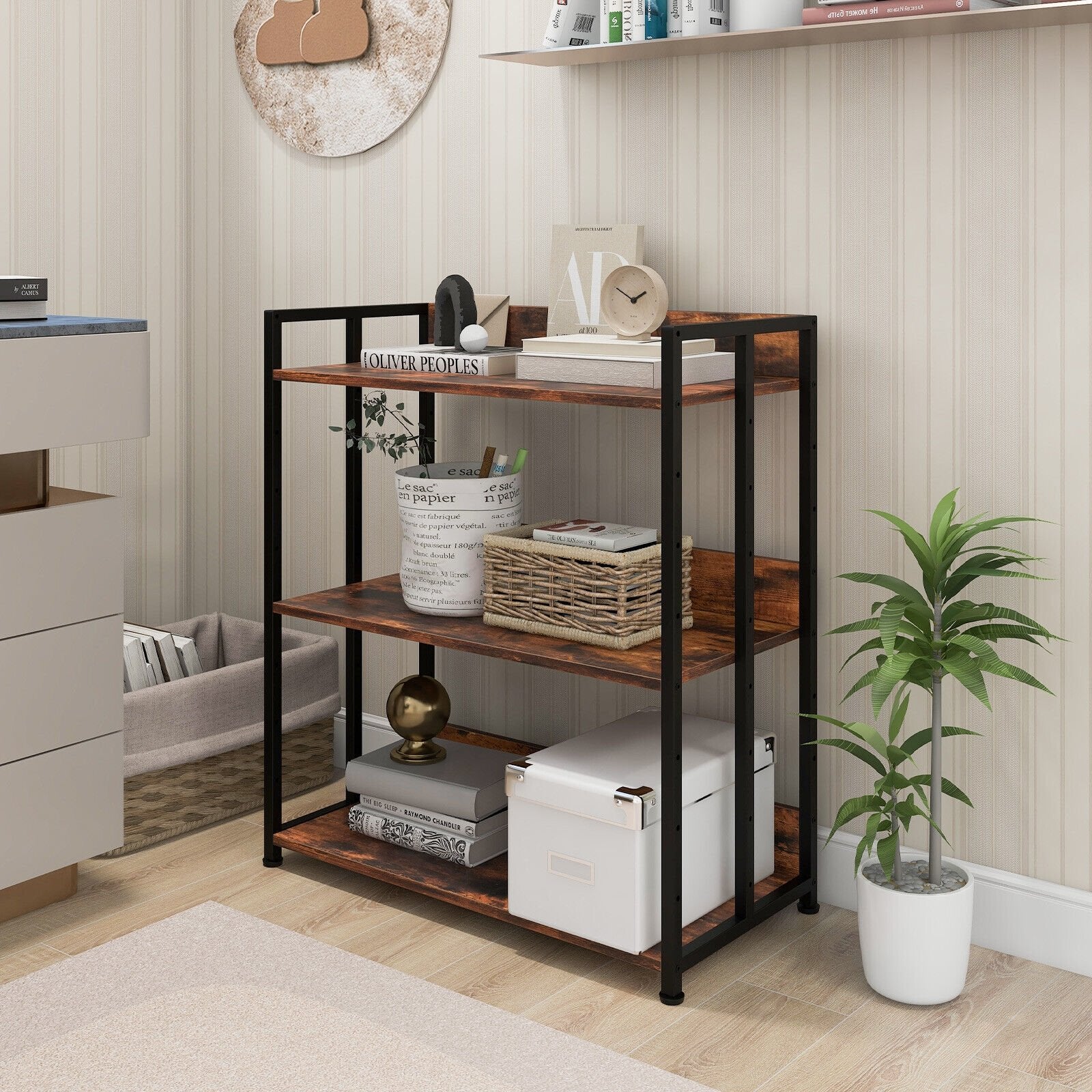 3/5-Tier Industrial Bookshelf Storage Shelf Display Rack with Adjustable Shelves-3-Tier, Brown Bookcases   at Gallery Canada