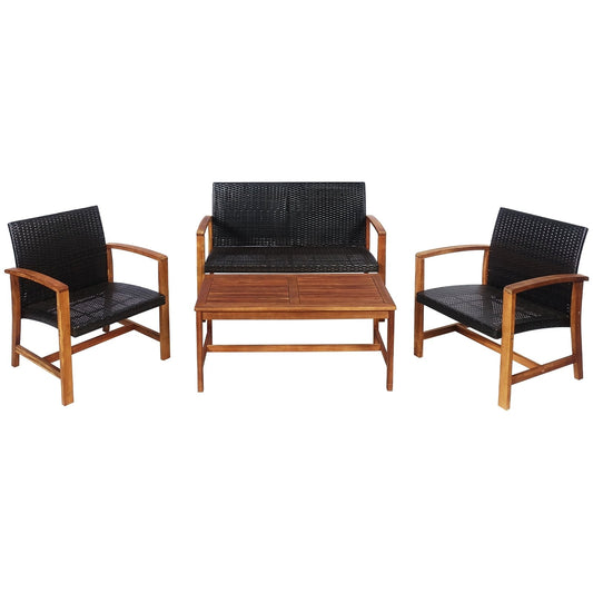 4 Pieces PE Rattan Patio Furniture Set with Solid Acacia Wood Patio Conversation Sets   at Gallery Canada