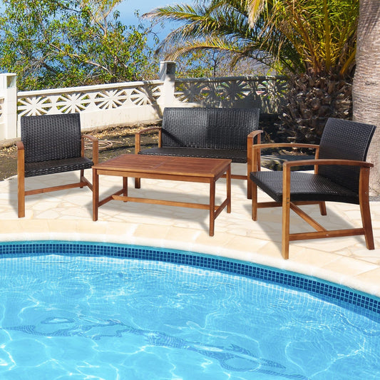 4 Pieces PE Rattan Patio Furniture Set with Solid Acacia Wood Patio Conversation Sets   at Gallery Canada