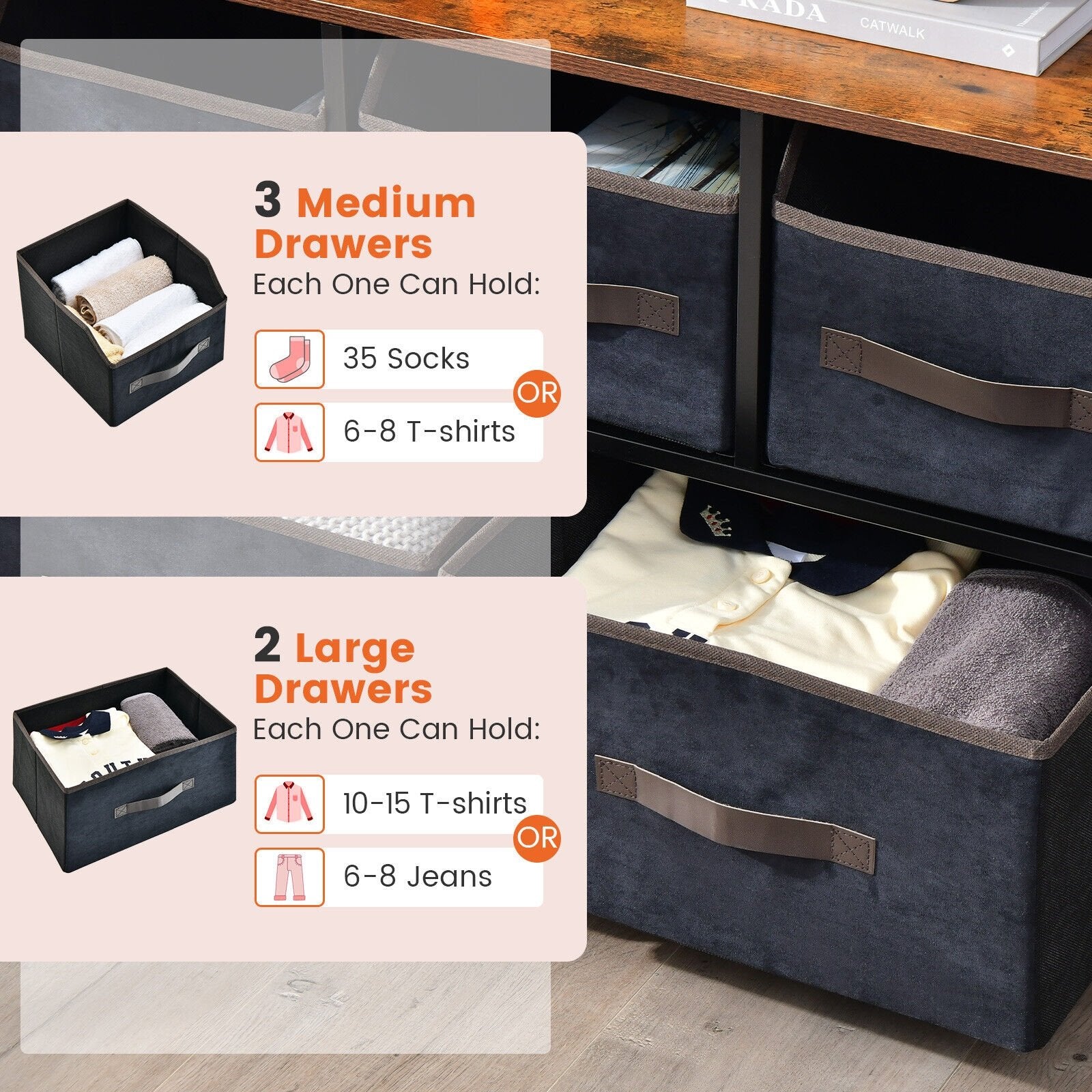 5 Drawers Storage Dresser with Fabric Bin for Living Room Bedroom, Black Dressers & Chests   at Gallery Canada