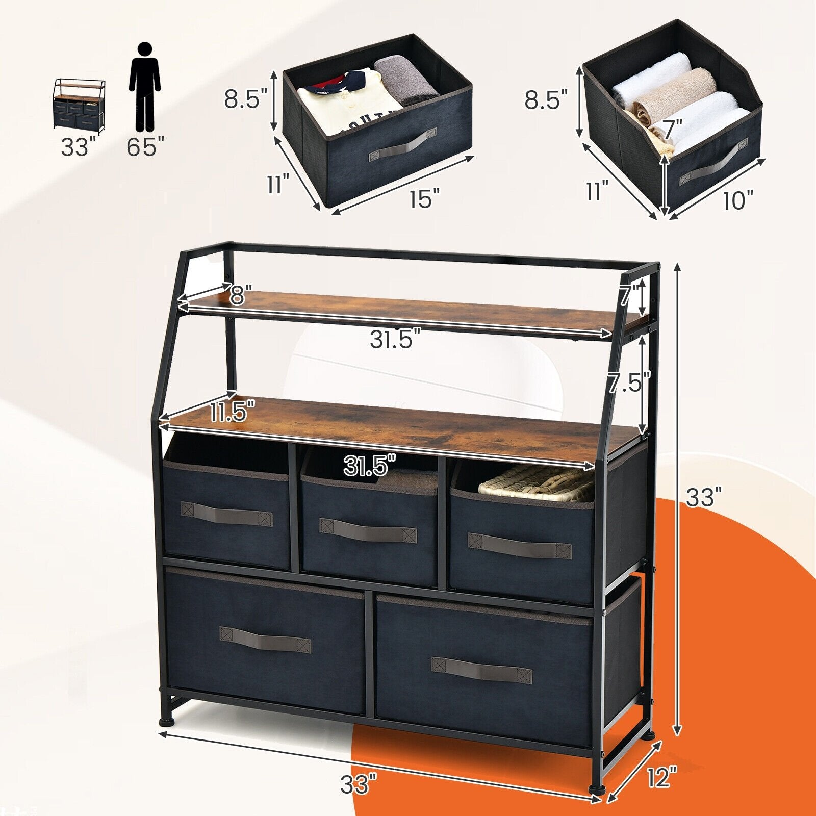 5 Drawers Storage Dresser with Fabric Bin for Living Room Bedroom, Black Dressers & Chests   at Gallery Canada