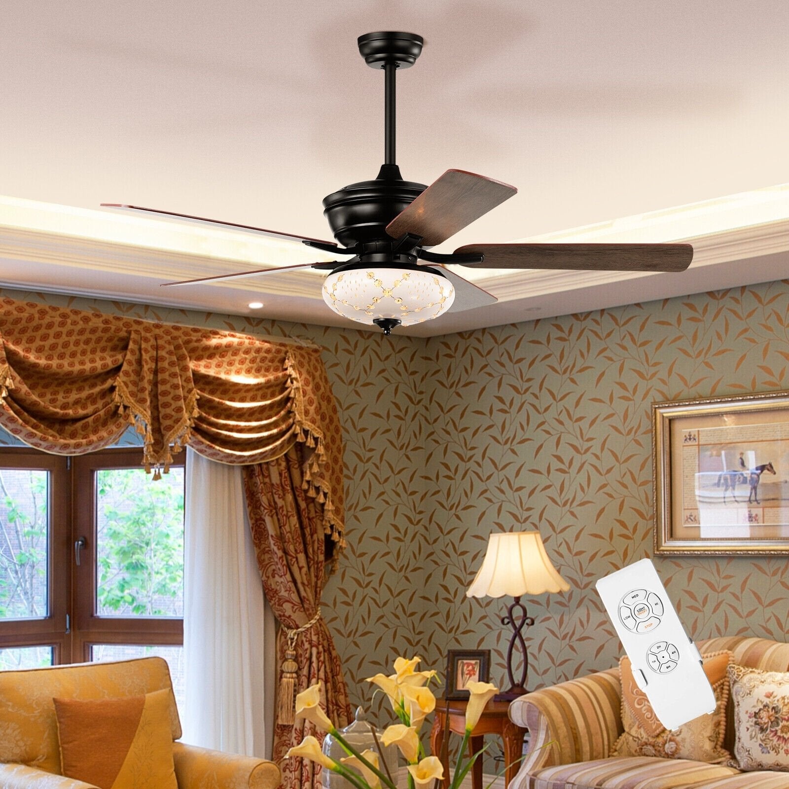 52 Inch Ceiling Fan with 3 Wind Speeds and 5 Reversible Blades, Black Ceiling Fans   at Gallery Canada