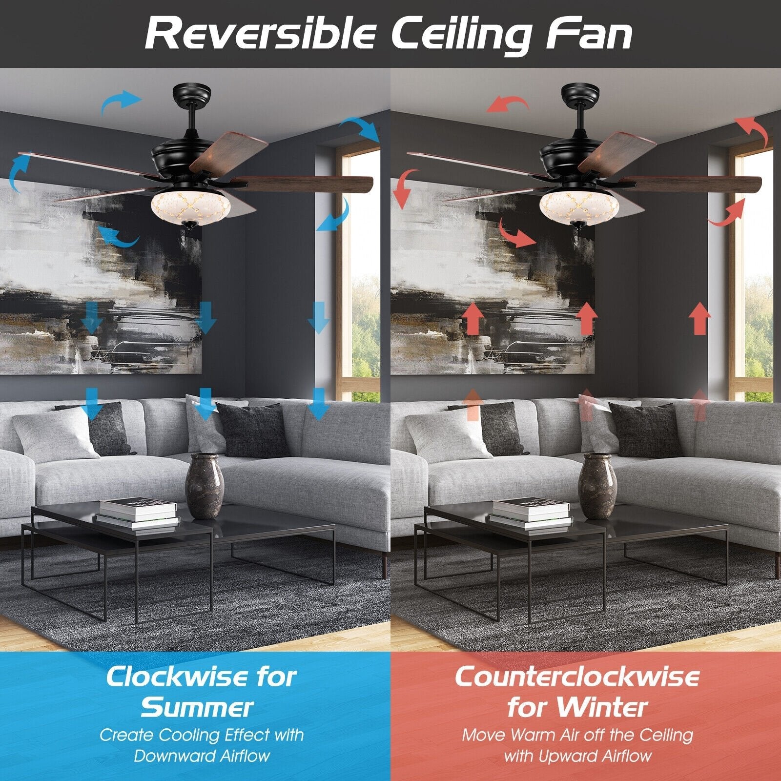 52 Inch Ceiling Fan with 3 Wind Speeds and 5 Reversible Blades, Black Ceiling Fans   at Gallery Canada