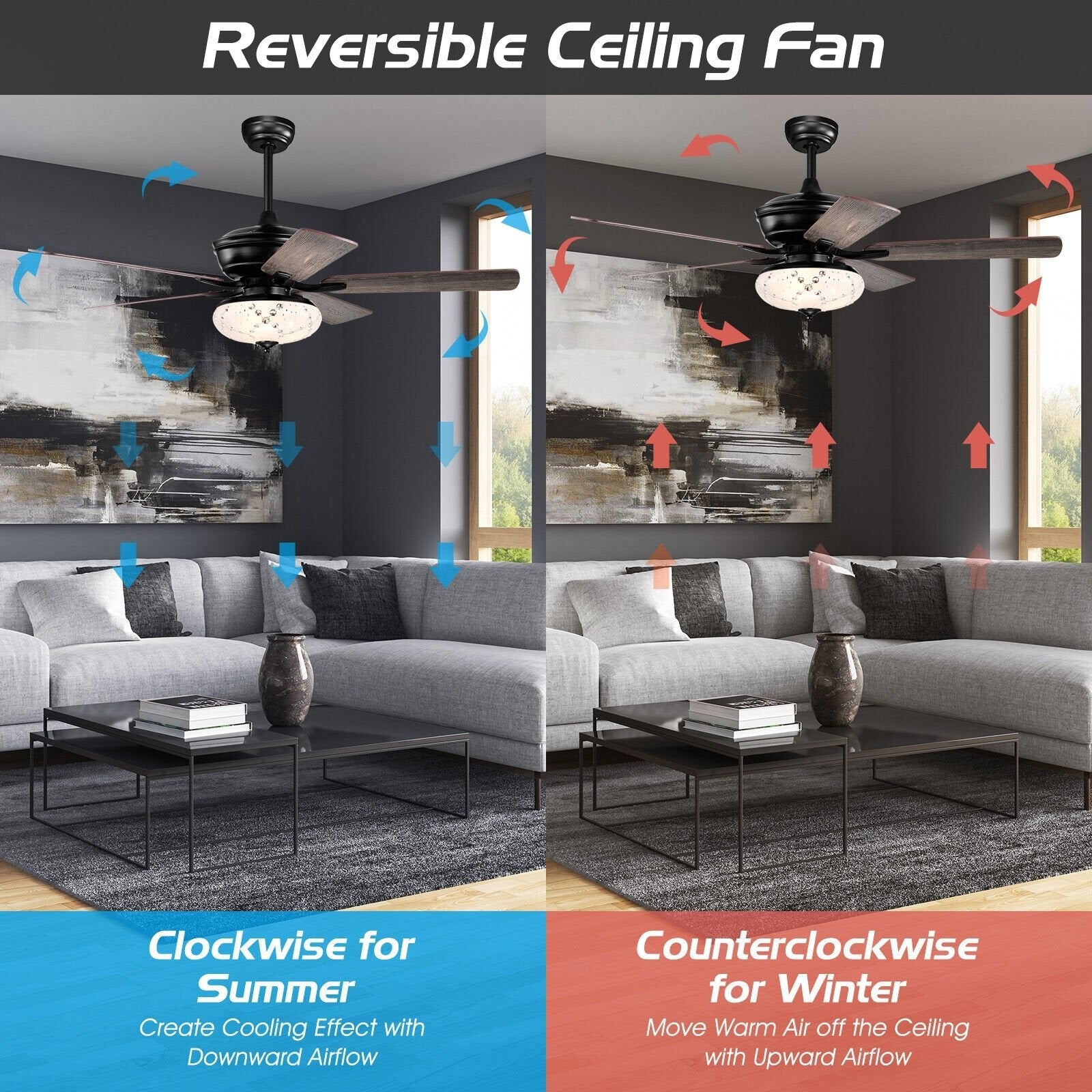 52 Inch Ceiling Fan with 3 Wind Speeds and 5 Reversible Blades, Gray Ceiling Fans   at Gallery Canada