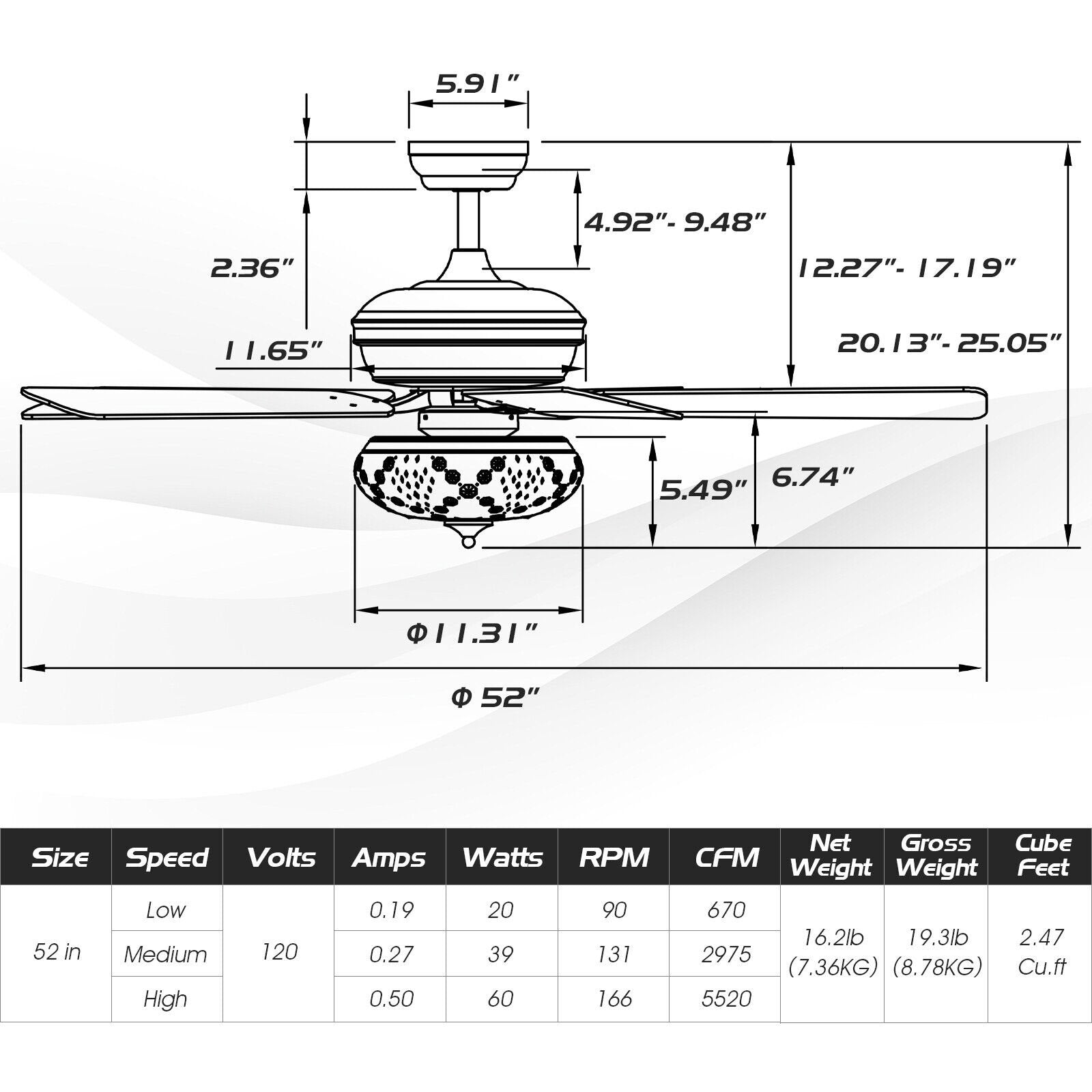 52 Inch Ceiling Fan with 3 Wind Speeds and 5 Reversible Blades, Black Ceiling Fans   at Gallery Canada