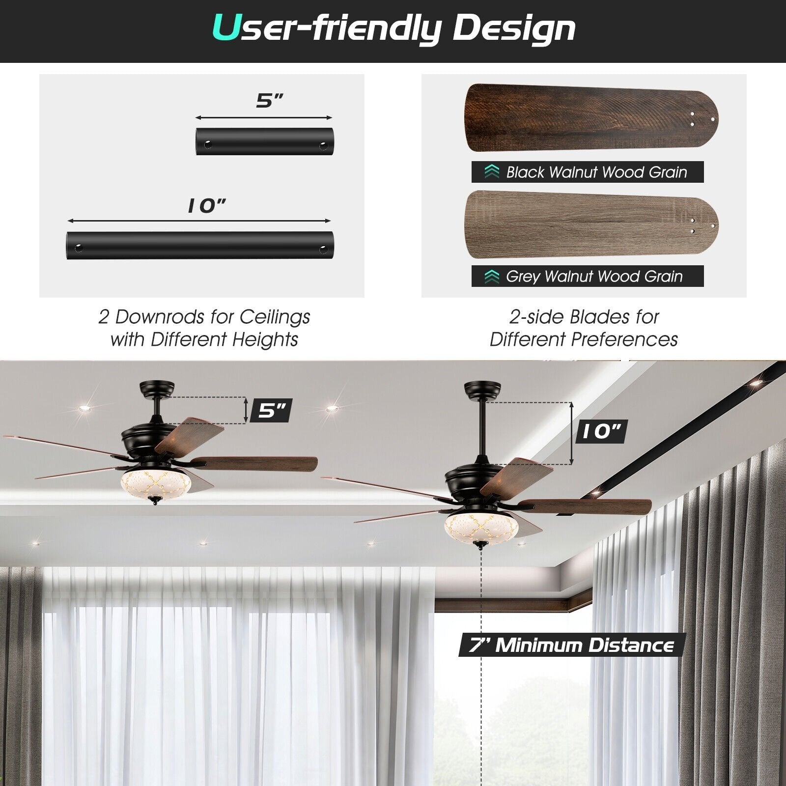 52 Inch Ceiling Fan with 3 Wind Speeds and 5 Reversible Blades, Black Ceiling Fans   at Gallery Canada