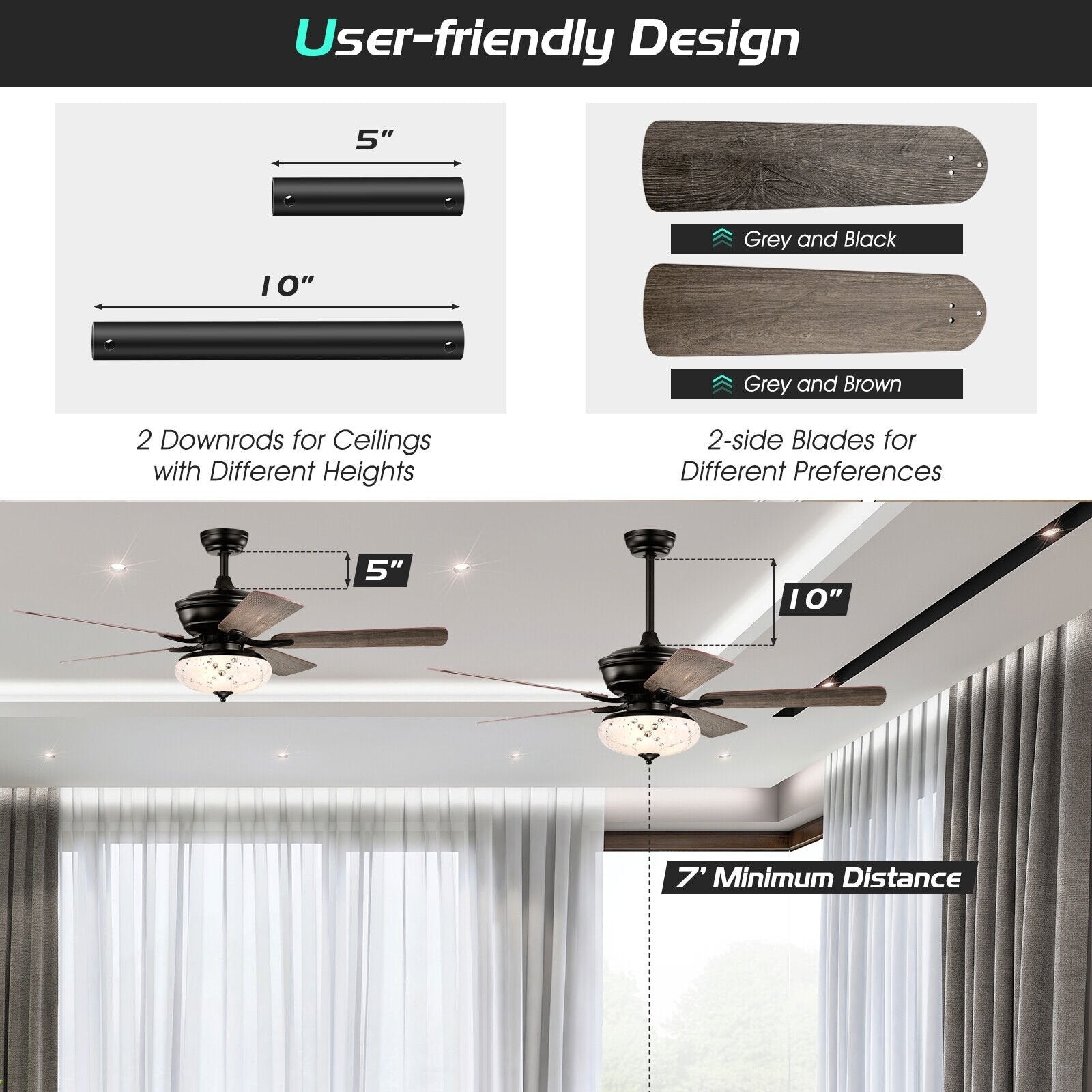 52 Inch Ceiling Fan with 3 Wind Speeds and 5 Reversible Blades, Gray Ceiling Fans   at Gallery Canada