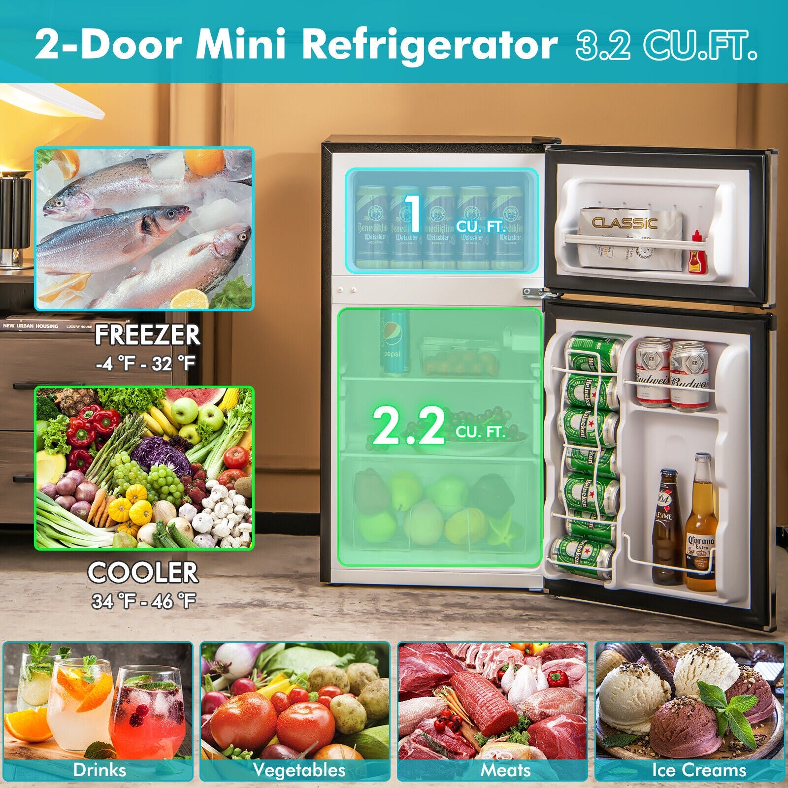 3.2 Cu. Ft Compact Mini Fridge with 5 Temperature Settings-Sliver, Silver Refrigerators & Freezers at Gallery Canada