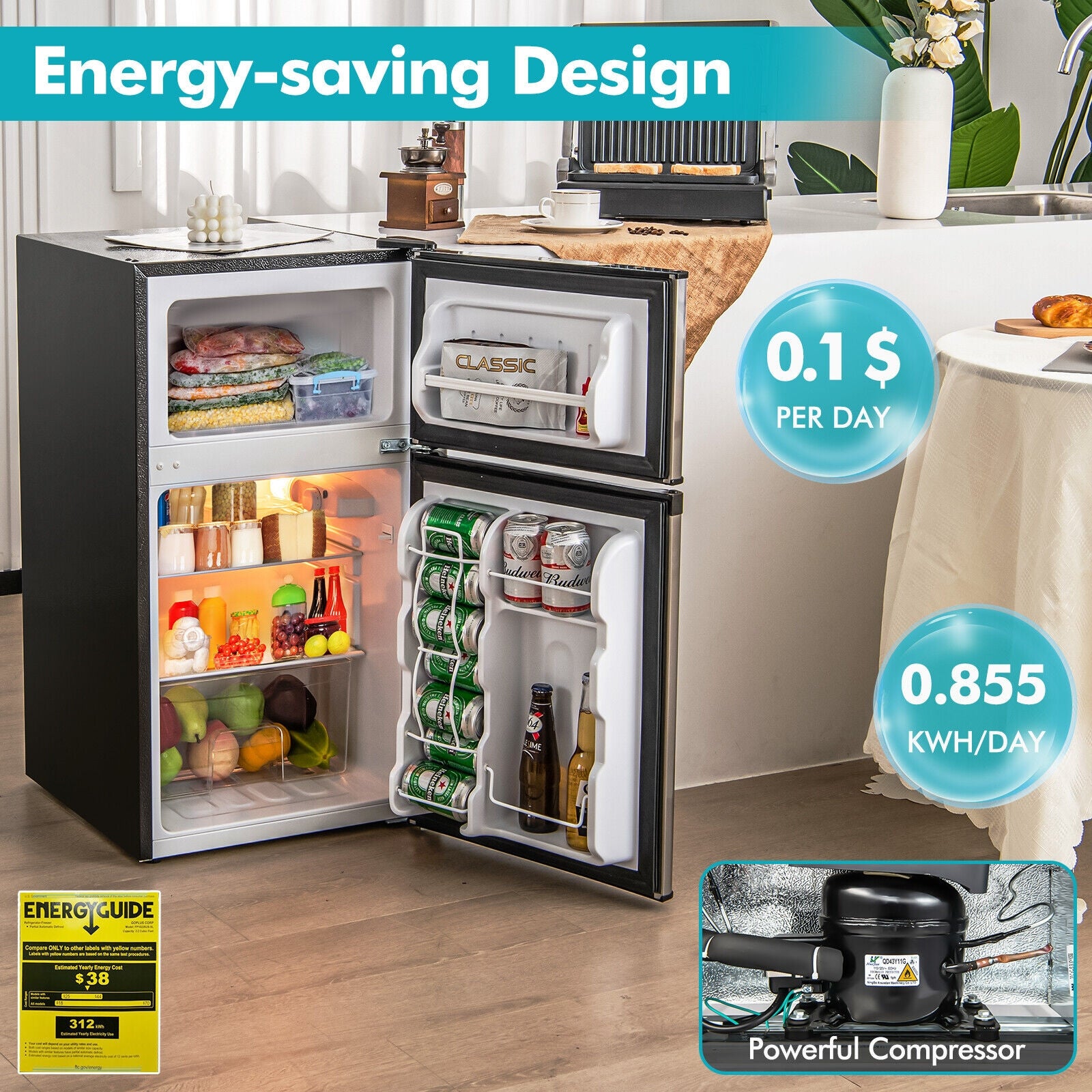 3.2 Cu. Ft Compact Mini Fridge with 5 Temperature Settings-Sliver, Silver Refrigerators & Freezers at Gallery Canada
