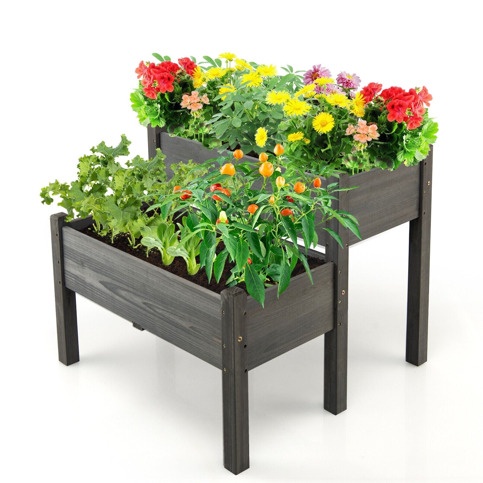 2 Tier Wooden Raised Garden Bed with Legs Drain Holes, Gray - Gallery Canada