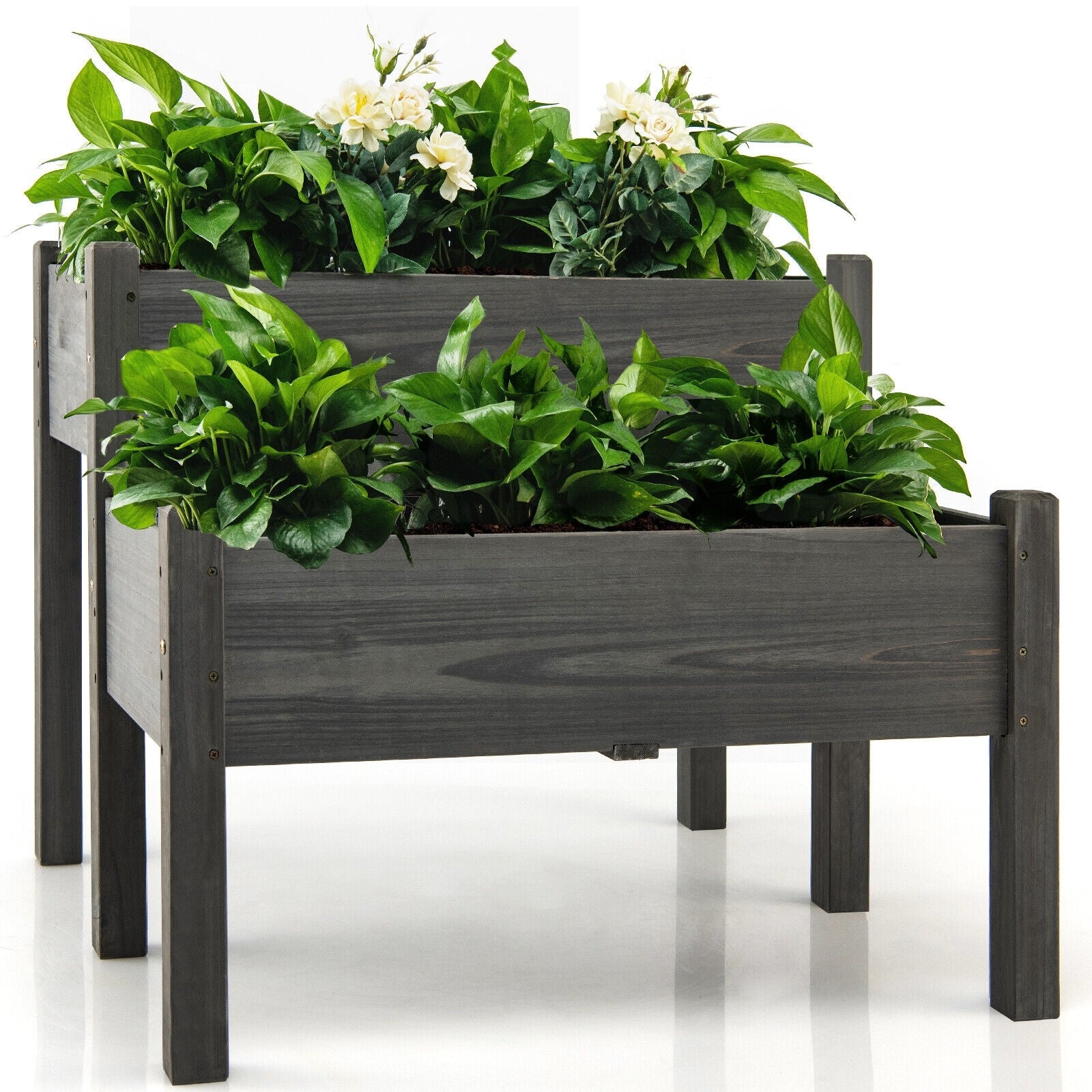 2 Tier Wooden Raised Garden Bed with Legs Drain Holes, Gray - Gallery Canada