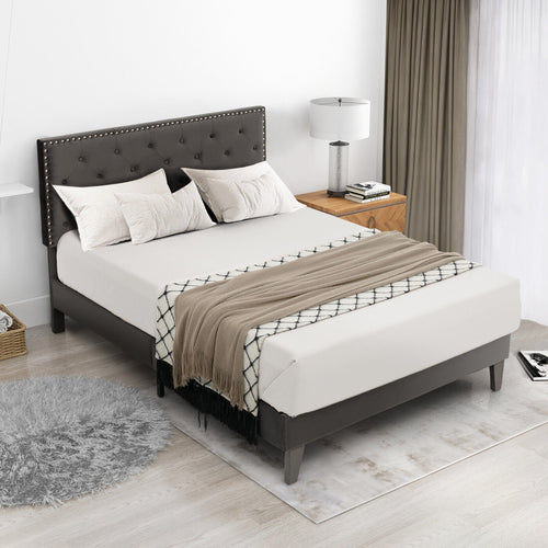 Full/Queen Size Upholstered Platform Bed with Tufted Headboard-Full Size, Gray