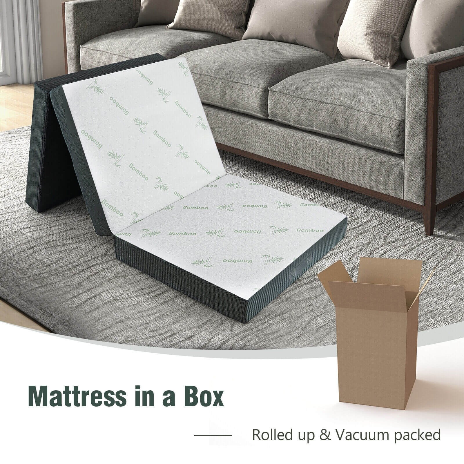 76 x 31 x 4 Inch Tri Folding Foam Mattress with Bamboo Fiber Cover and Handle, Gray Mattresses   at Gallery Canada