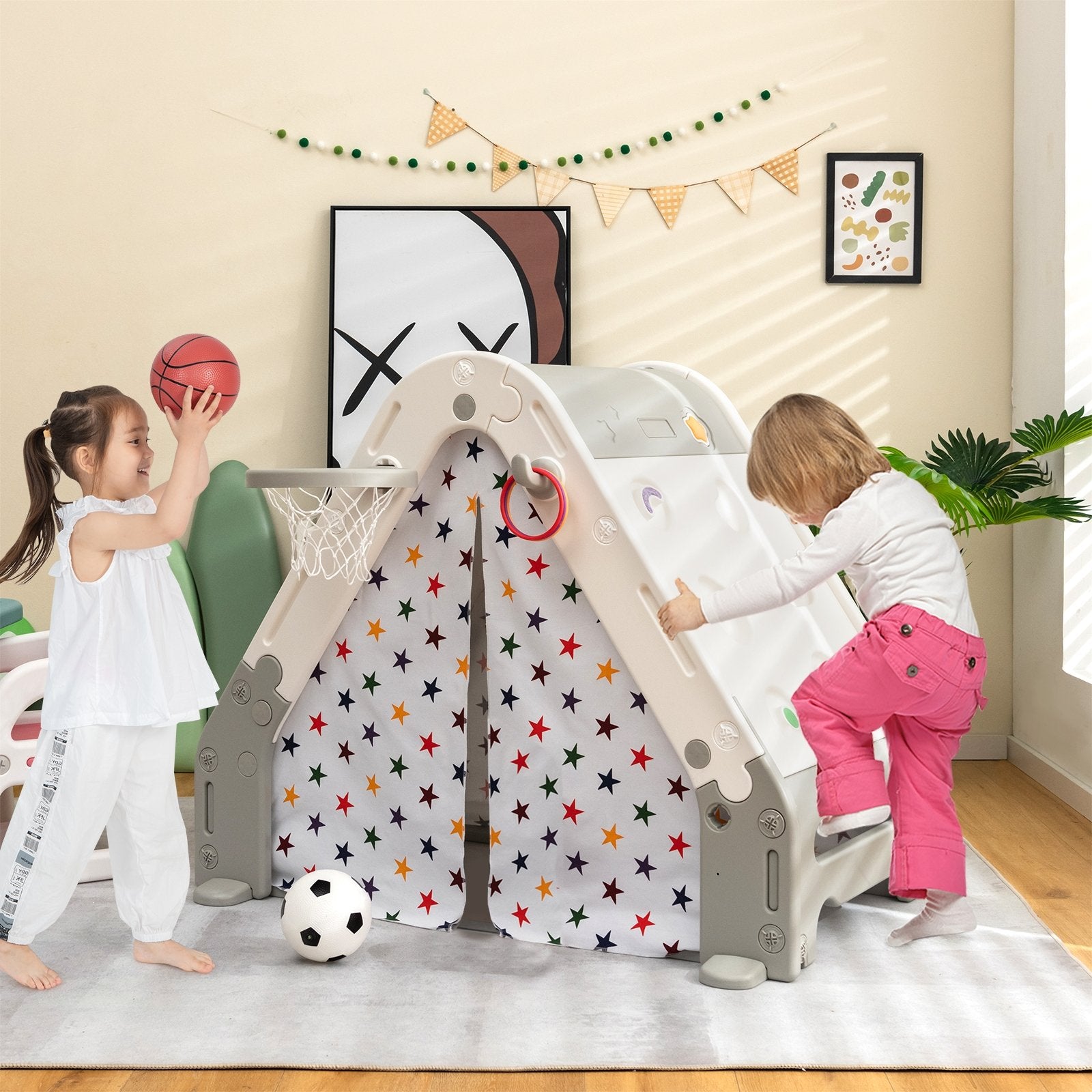 Kid's Triangle Climber with Tent Cover and with Climbing Wall, Gray - Gallery Canada