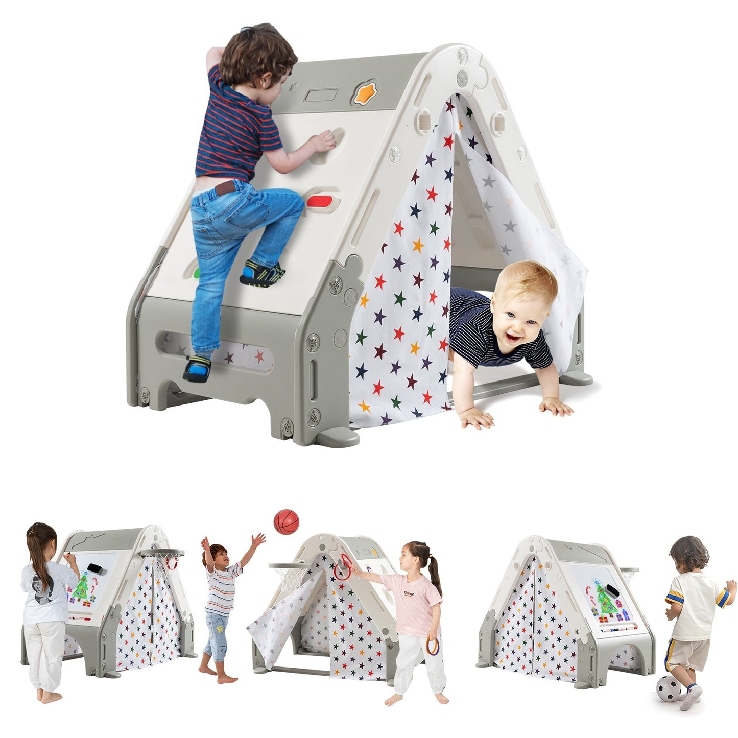 Kid's Triangle Climber with Tent Cover and with Climbing Wall, Gray - Gallery Canada
