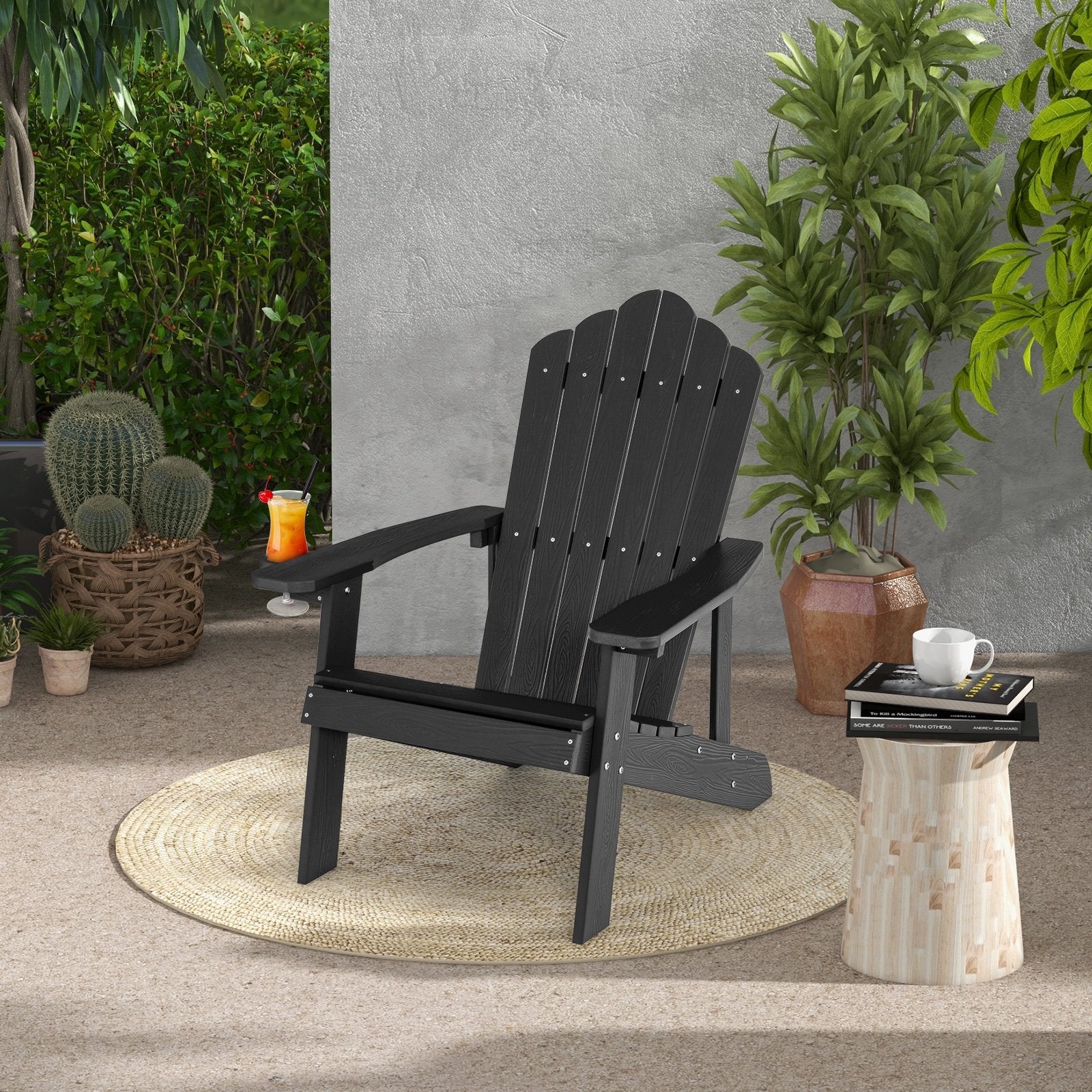 Weather Resistant HIPS Outdoor Adirondack Chair with Cup Holder, Black Adirondack Chairs   at Gallery Canada