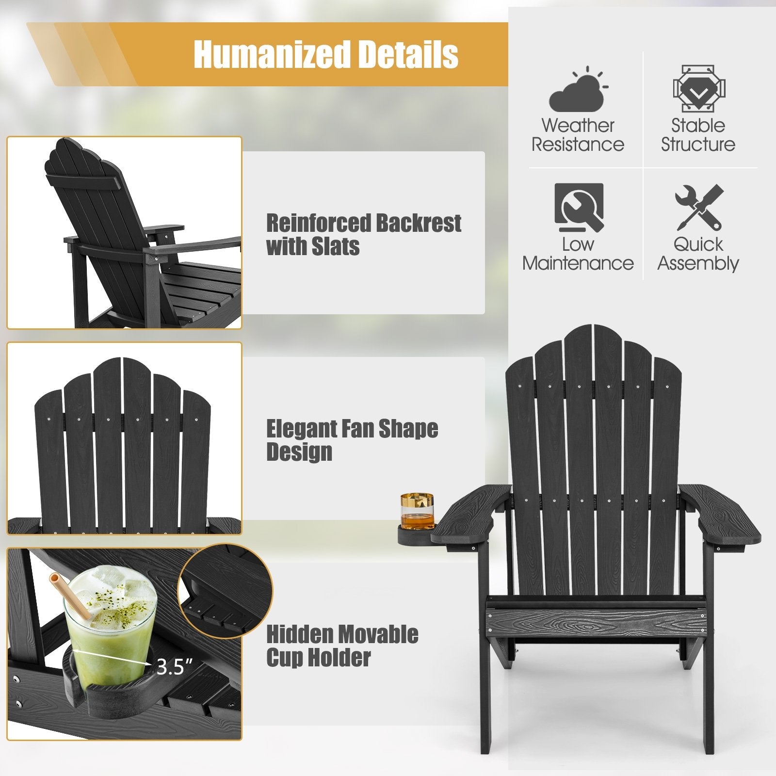 Weather Resistant HIPS Outdoor Adirondack Chair with Cup Holder, Black Adirondack Chairs   at Gallery Canada