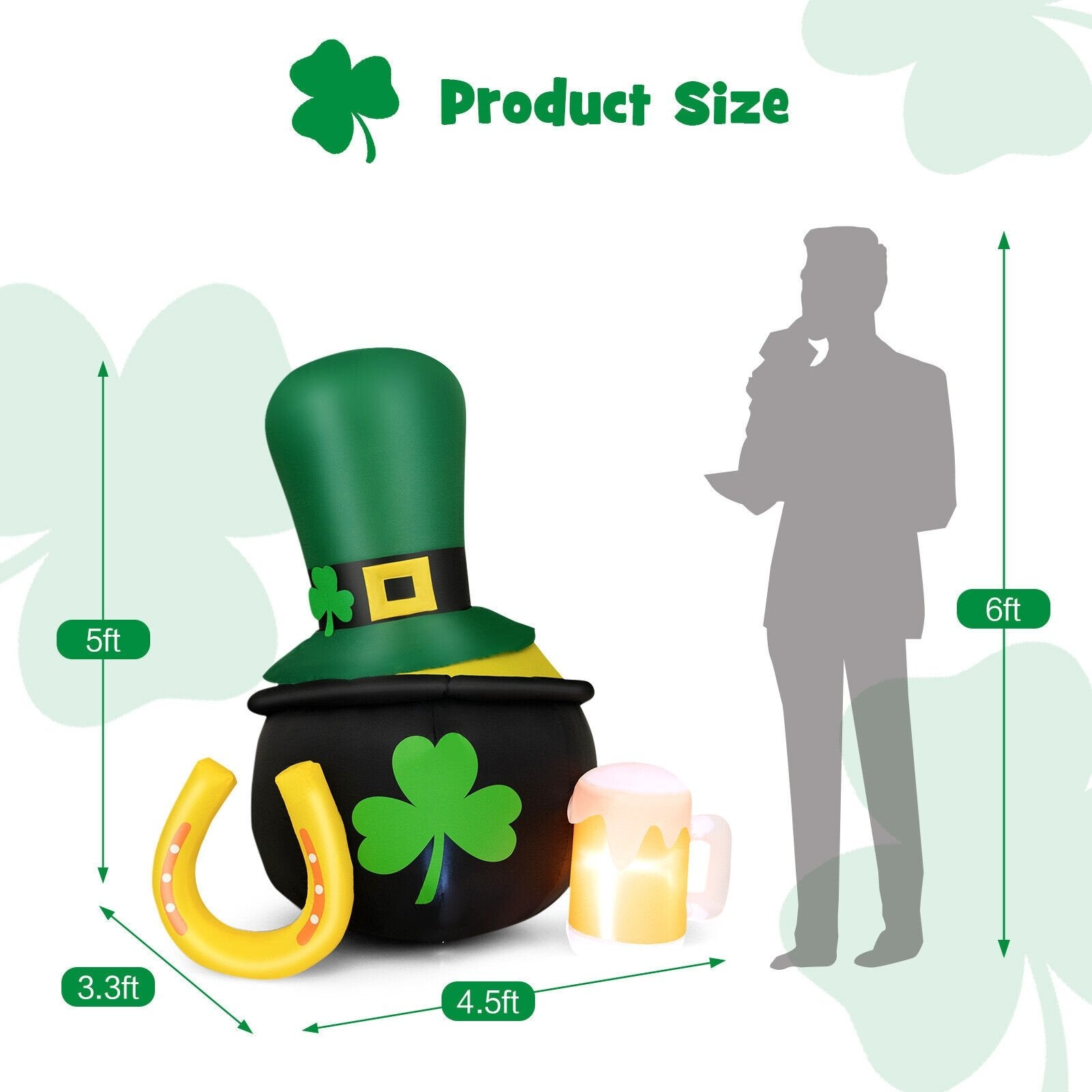 5 Feet St Patrick's Day Inflatable Decoration with Leprechaun Hat, Green - Gallery Canada