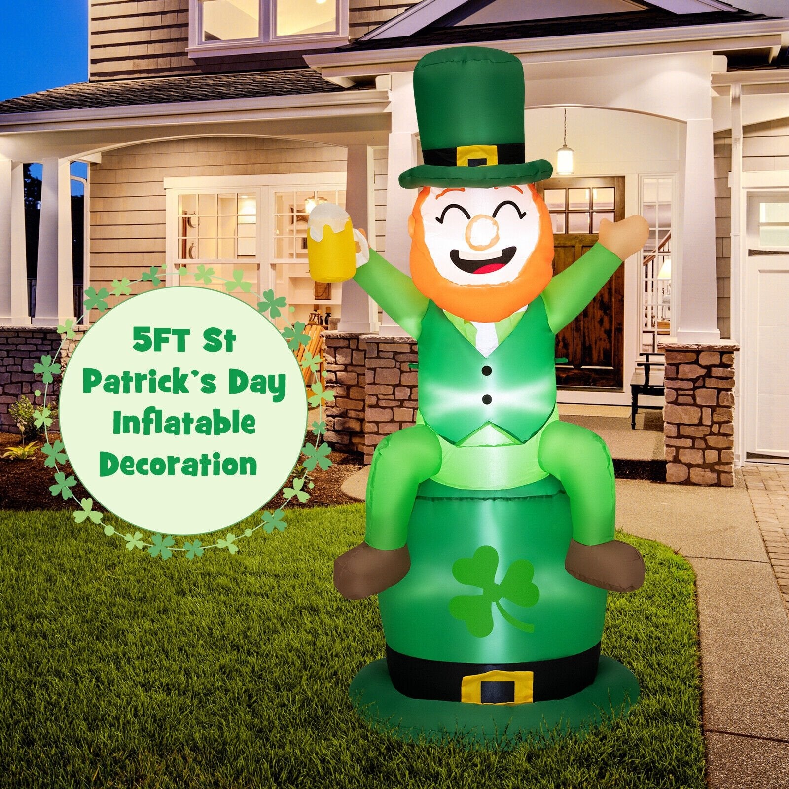 5 Feet St Patrick's Day Inflatable Decoration Leprechaun Sitting on Hat, Green Holiday Decor   at Gallery Canada