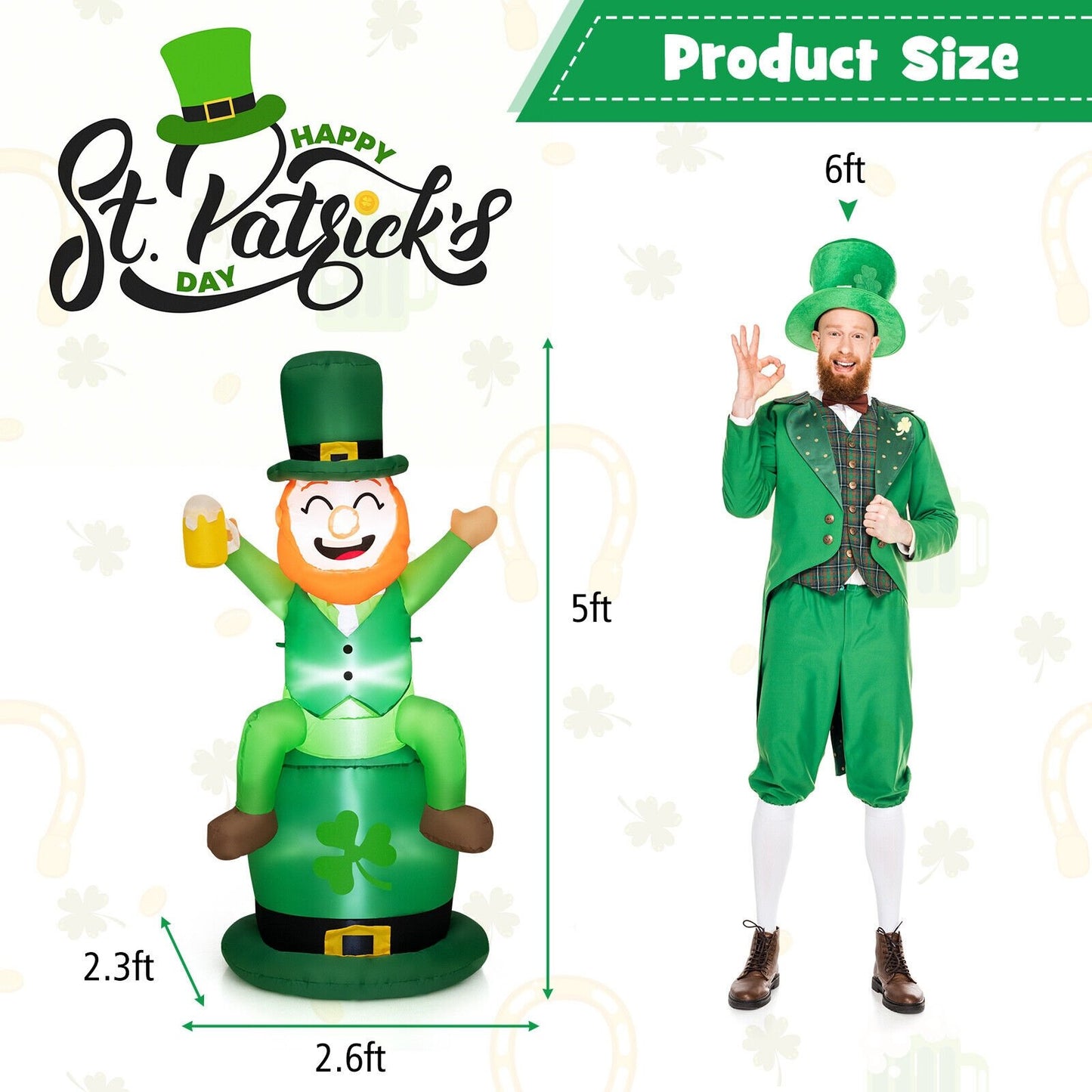 5 Feet St Patrick's Day Inflatable Decoration Leprechaun Sitting on Hat, Green - Gallery Canada