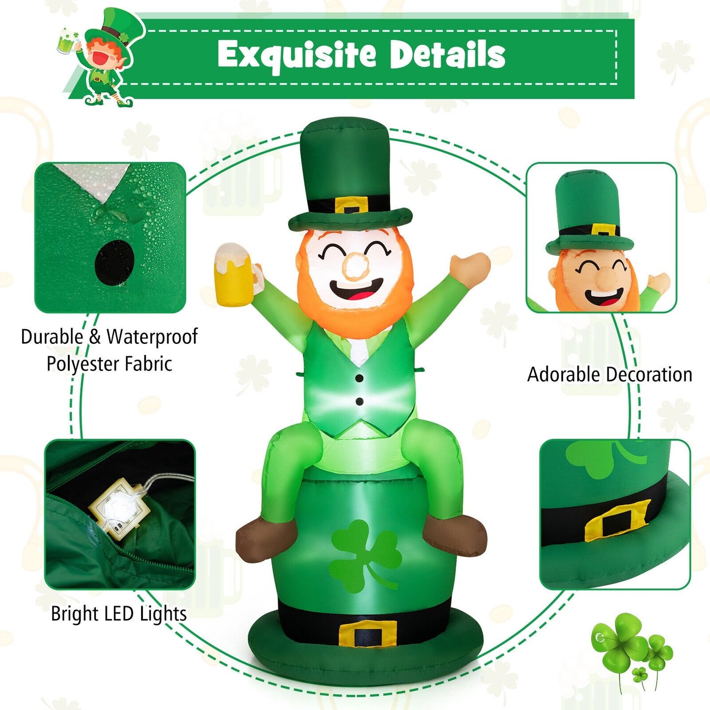 5 Feet St Patrick's Day Inflatable Decoration Leprechaun Sitting on Hat, Green - Gallery Canada