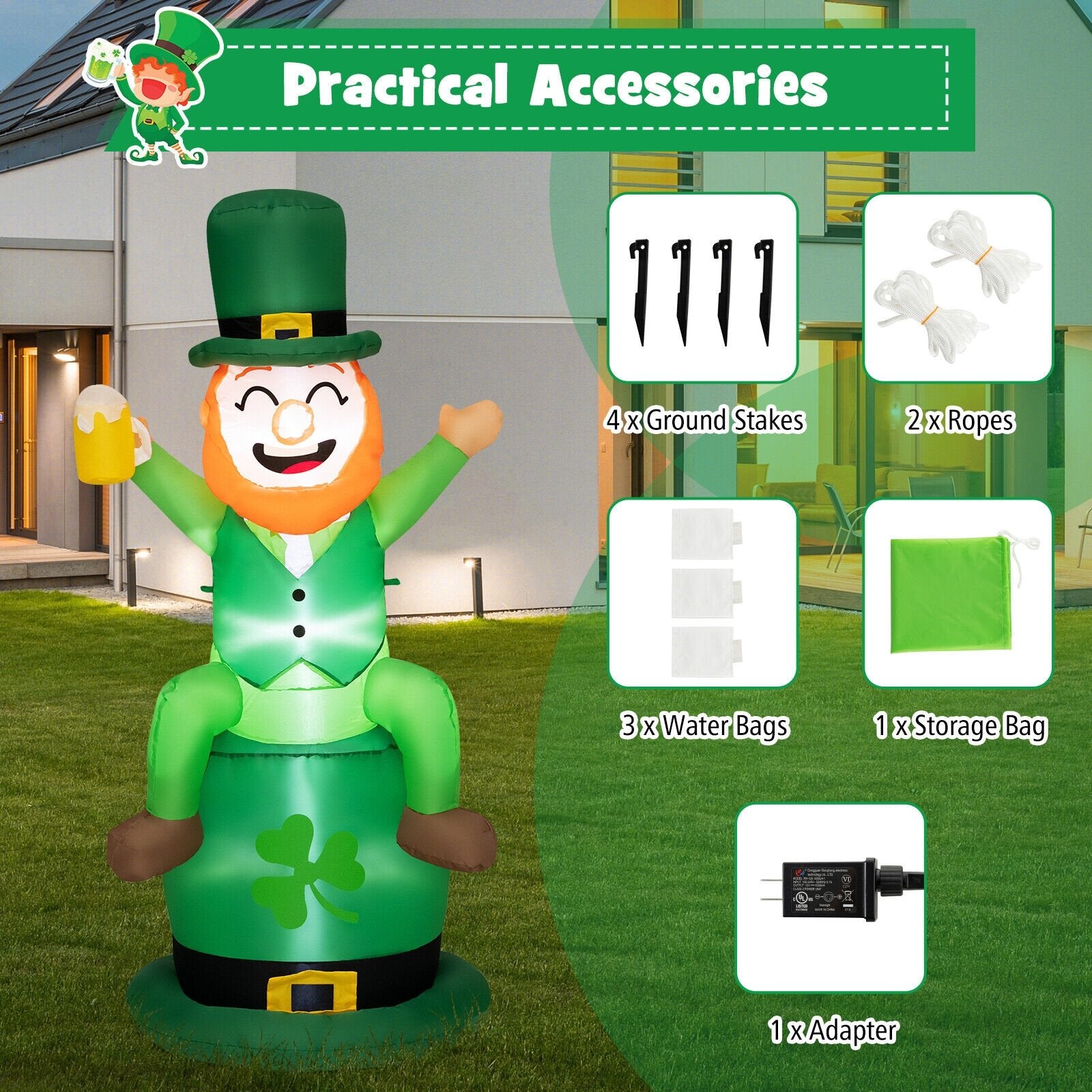 5 Feet St Patrick's Day Inflatable Decoration Leprechaun Sitting on Hat, Green - Gallery Canada